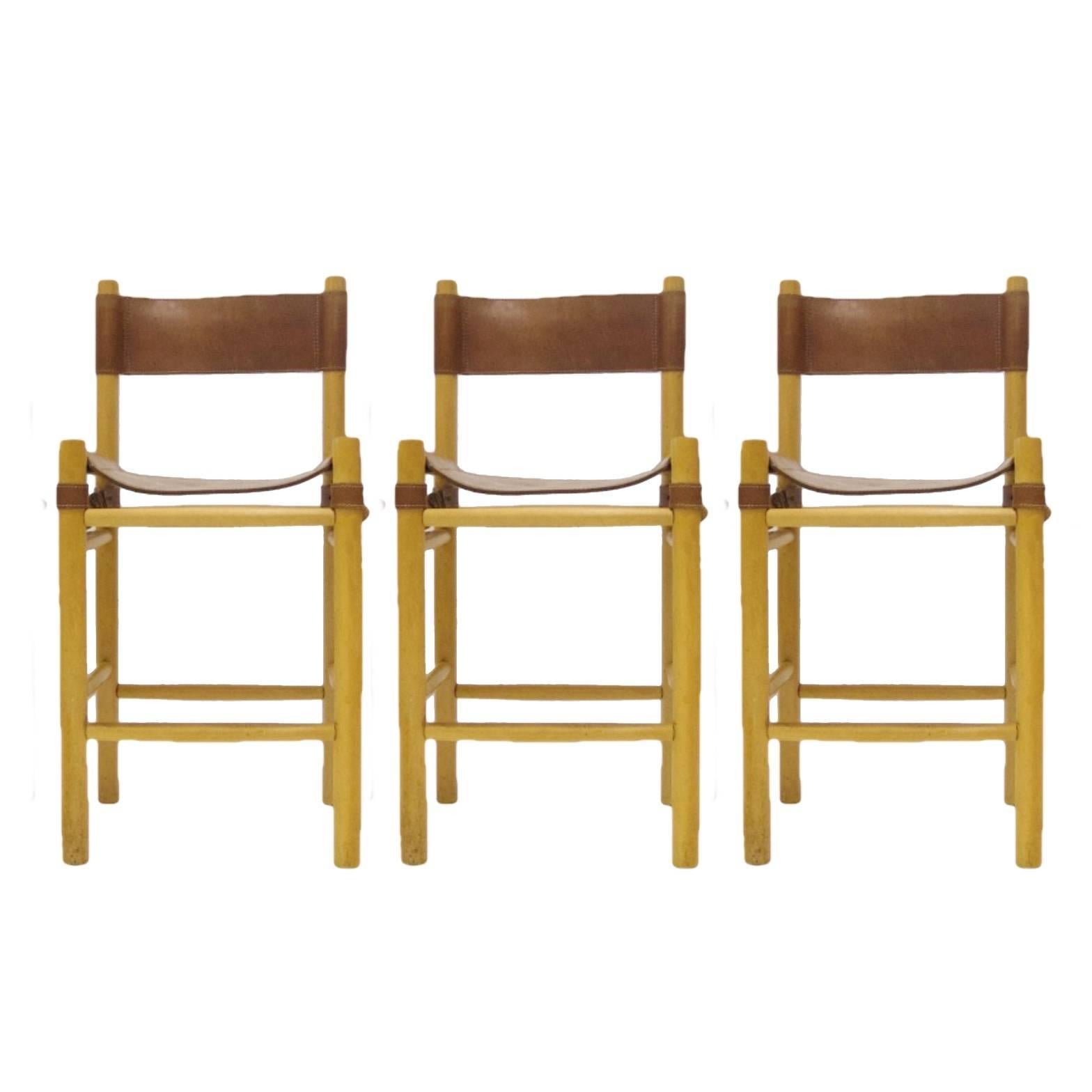 Leather with Buckles Safari Style Bar Stools in the Manner of Michel Arnoult