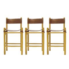 Vintage Leather with Buckles Safari Style Bar Stools in the Manner of Michel Arnoult