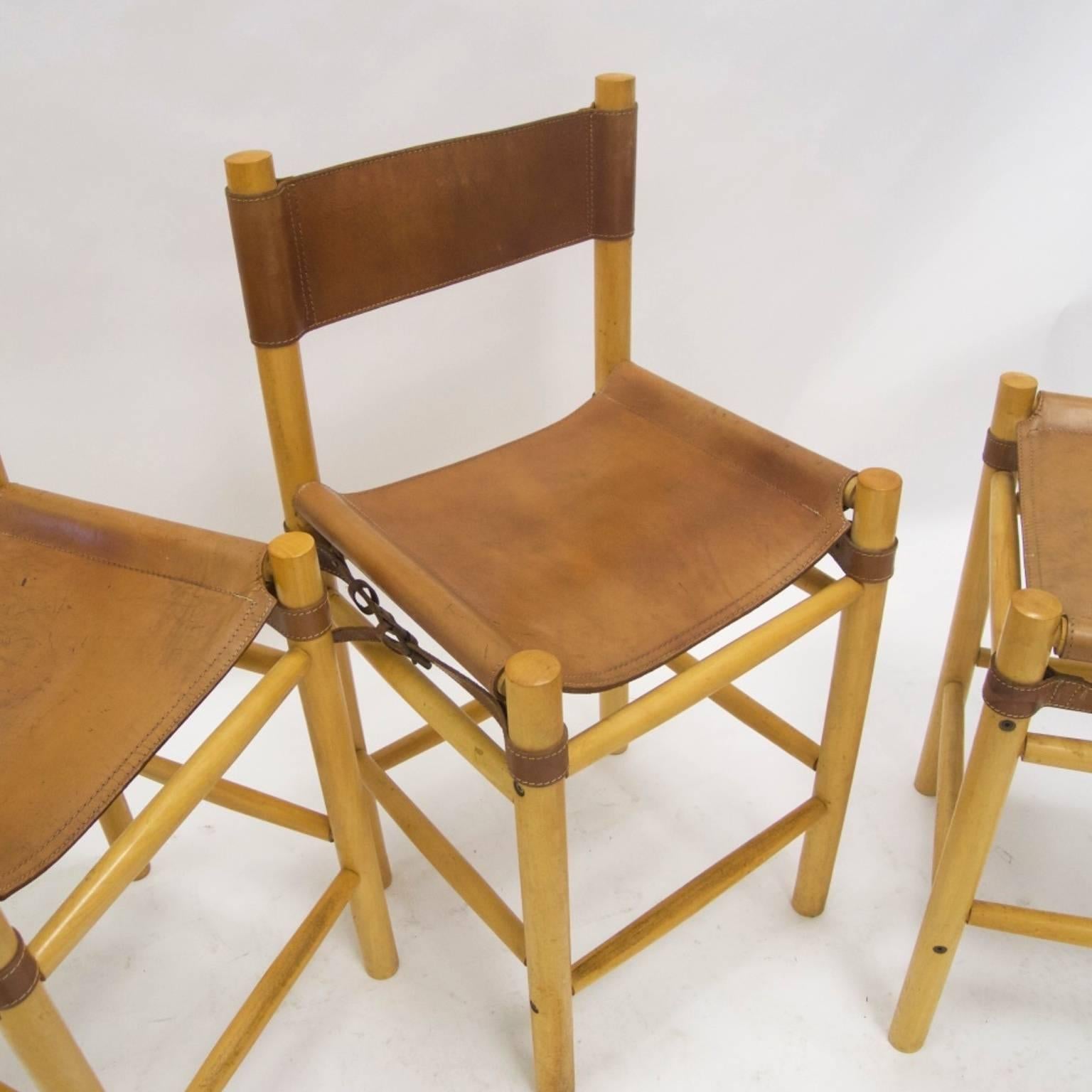 Argentine Leather with Buckles Safari Style Bar Stools in the Manner of Michel Arnoult