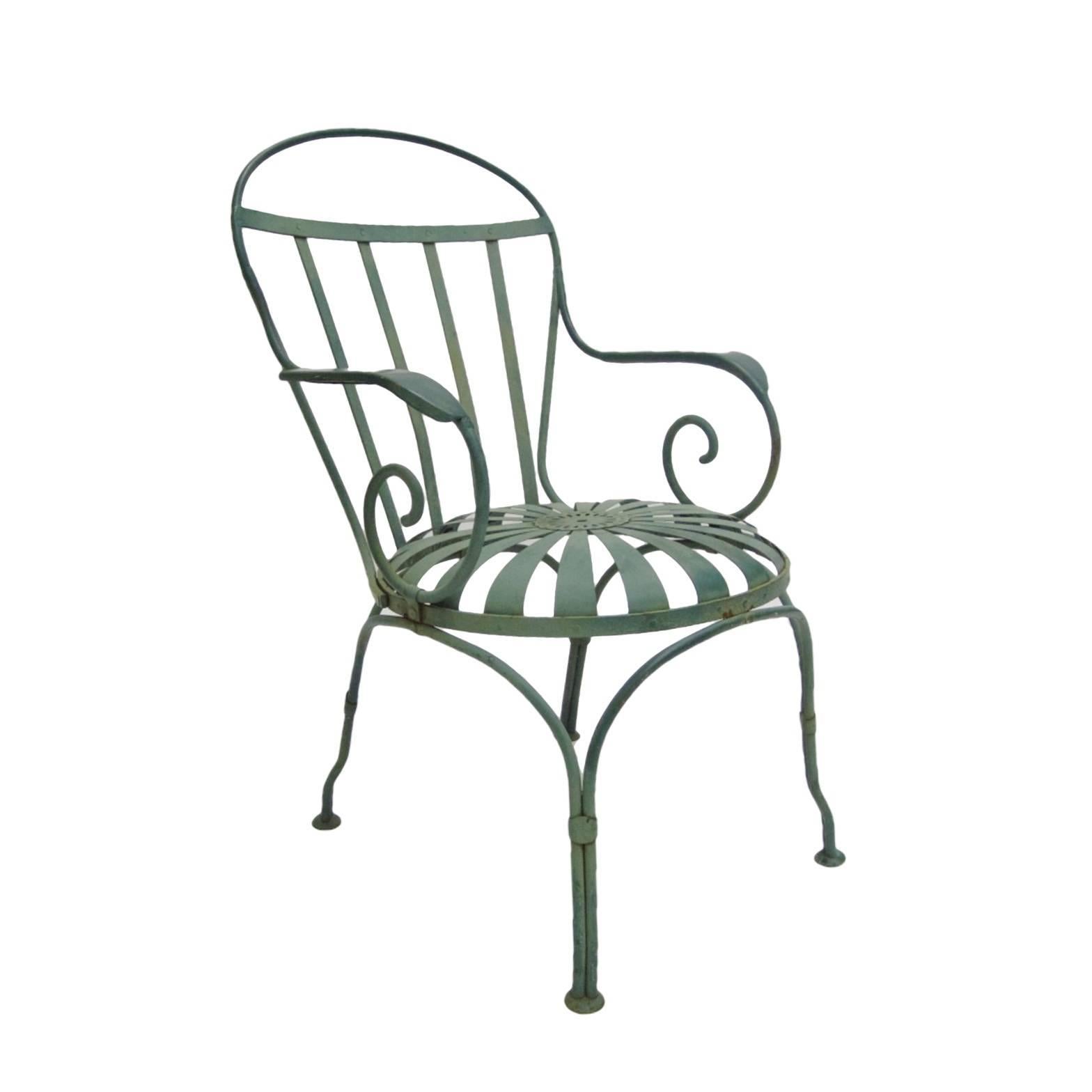 Painted Francois Carre Sunburst French Green Outdoor Garden or Patio Chairs
