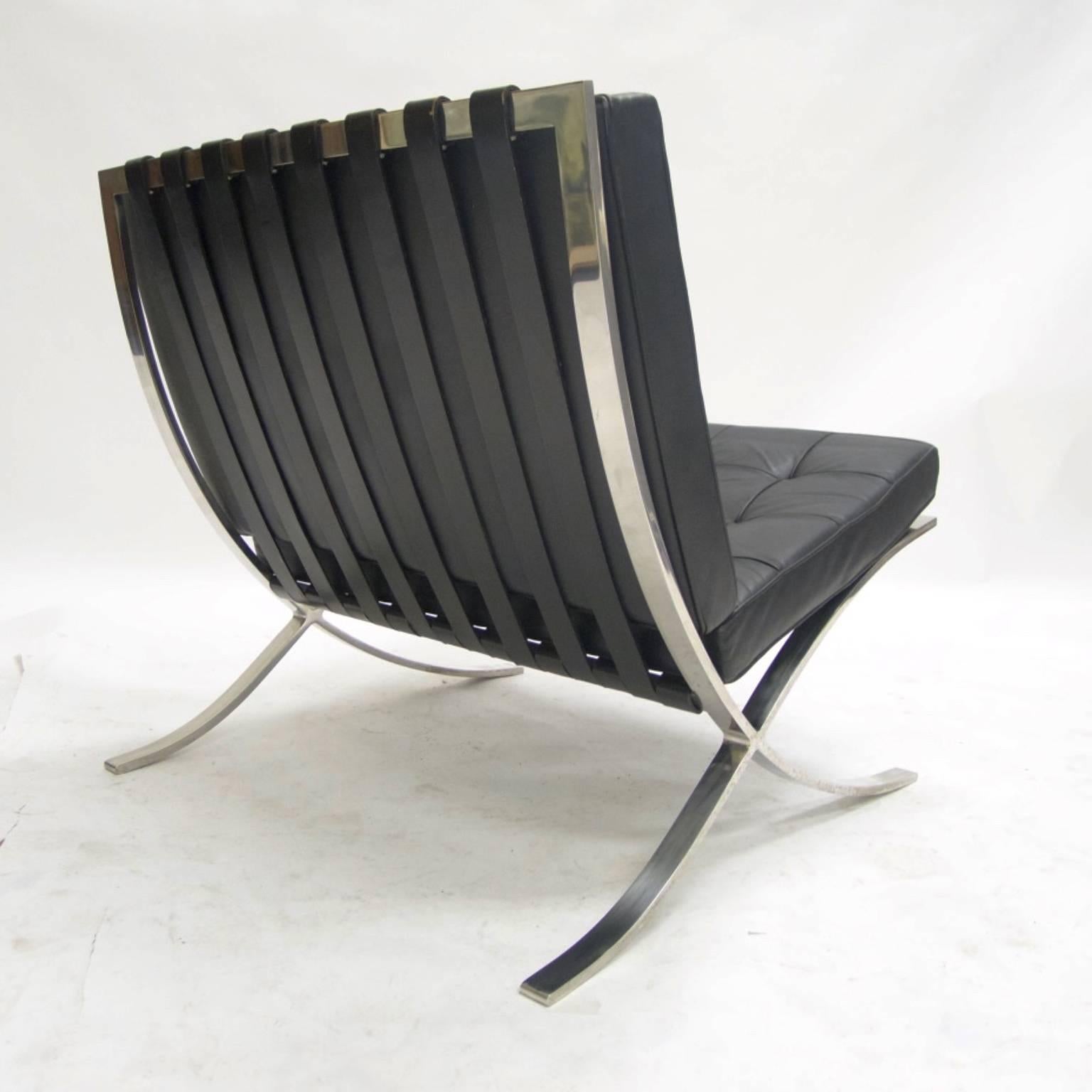 Stainless Steel  Early Black Leather Tufted Mies Van Der Rohe Barcelona Chair by Knoll