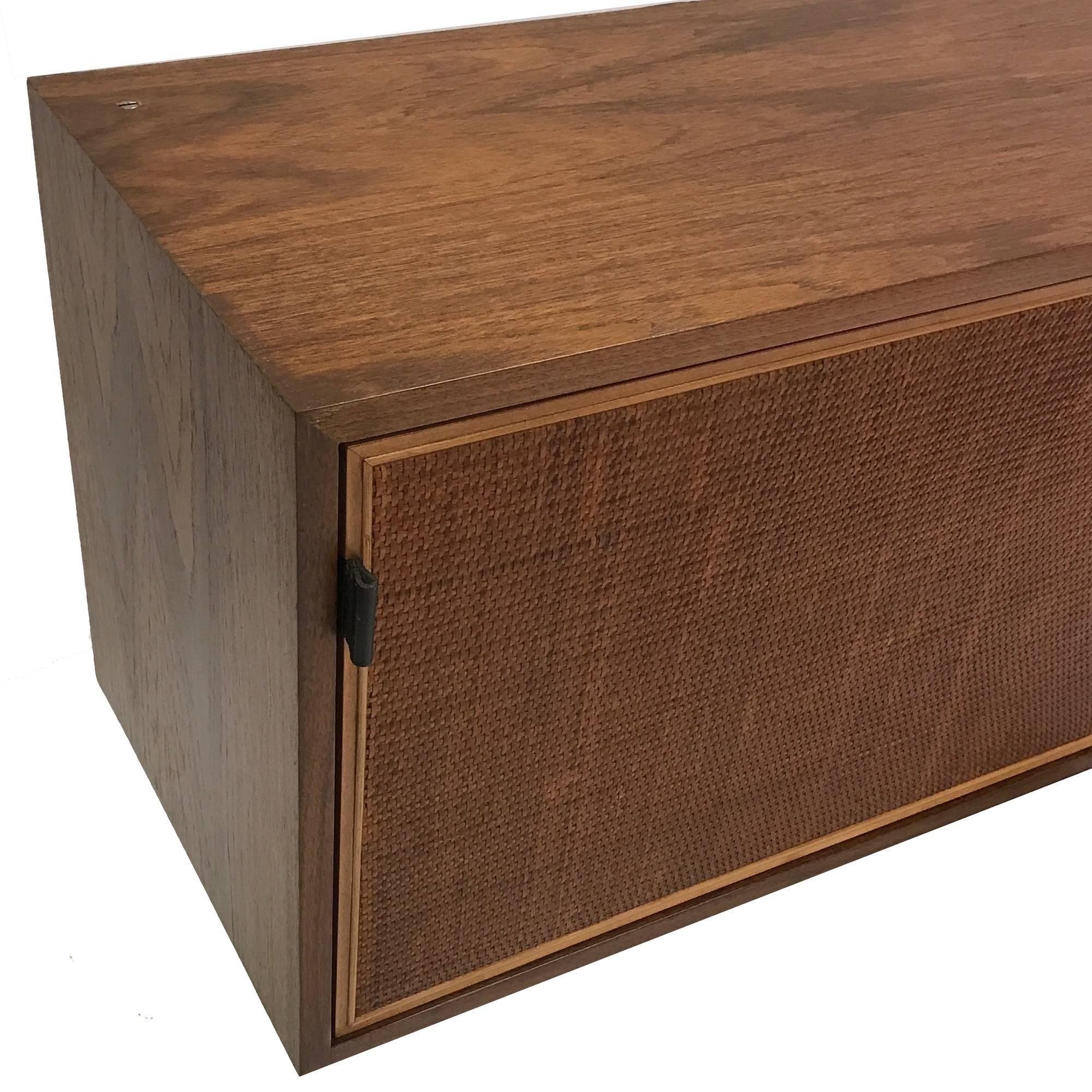 Florence Knoll Wall Hanging Credenza in Walnut with Cane Doors and Oak Shelves In Good Condition In Hudson, NY