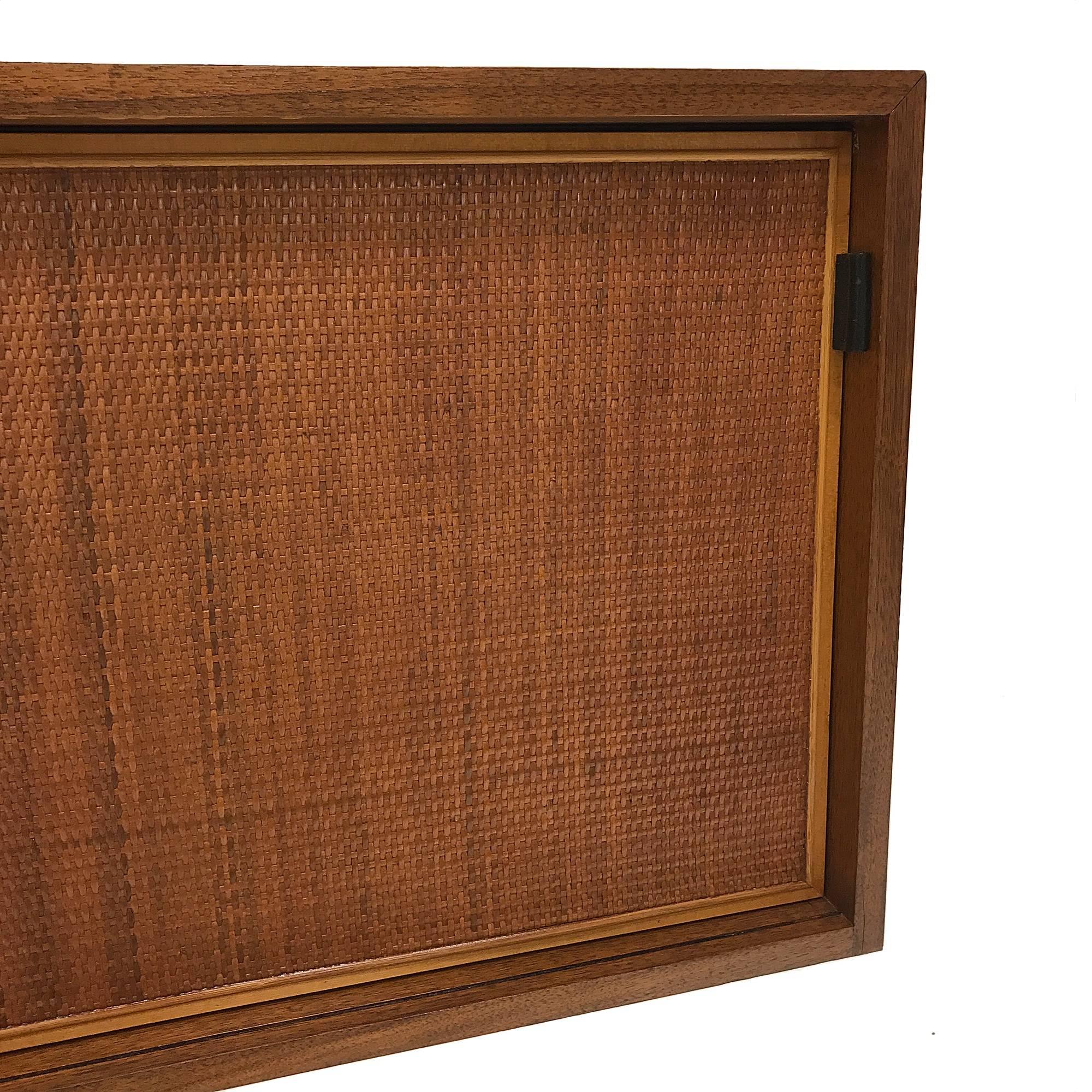 American Florence Knoll Wall Hanging Credenza in Walnut with Cane Doors and Oak Shelves