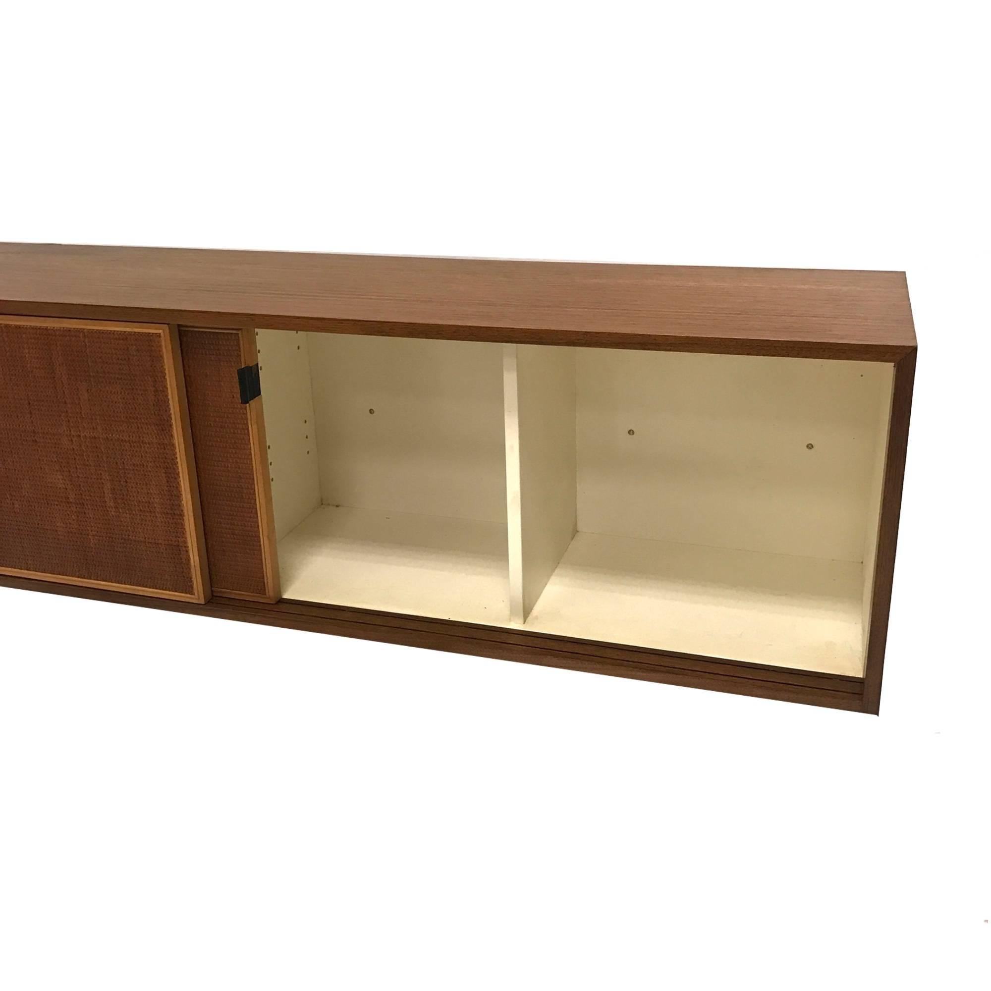 Leather Florence Knoll Wall Hanging Credenza in Walnut with Cane Doors and Oak Shelves