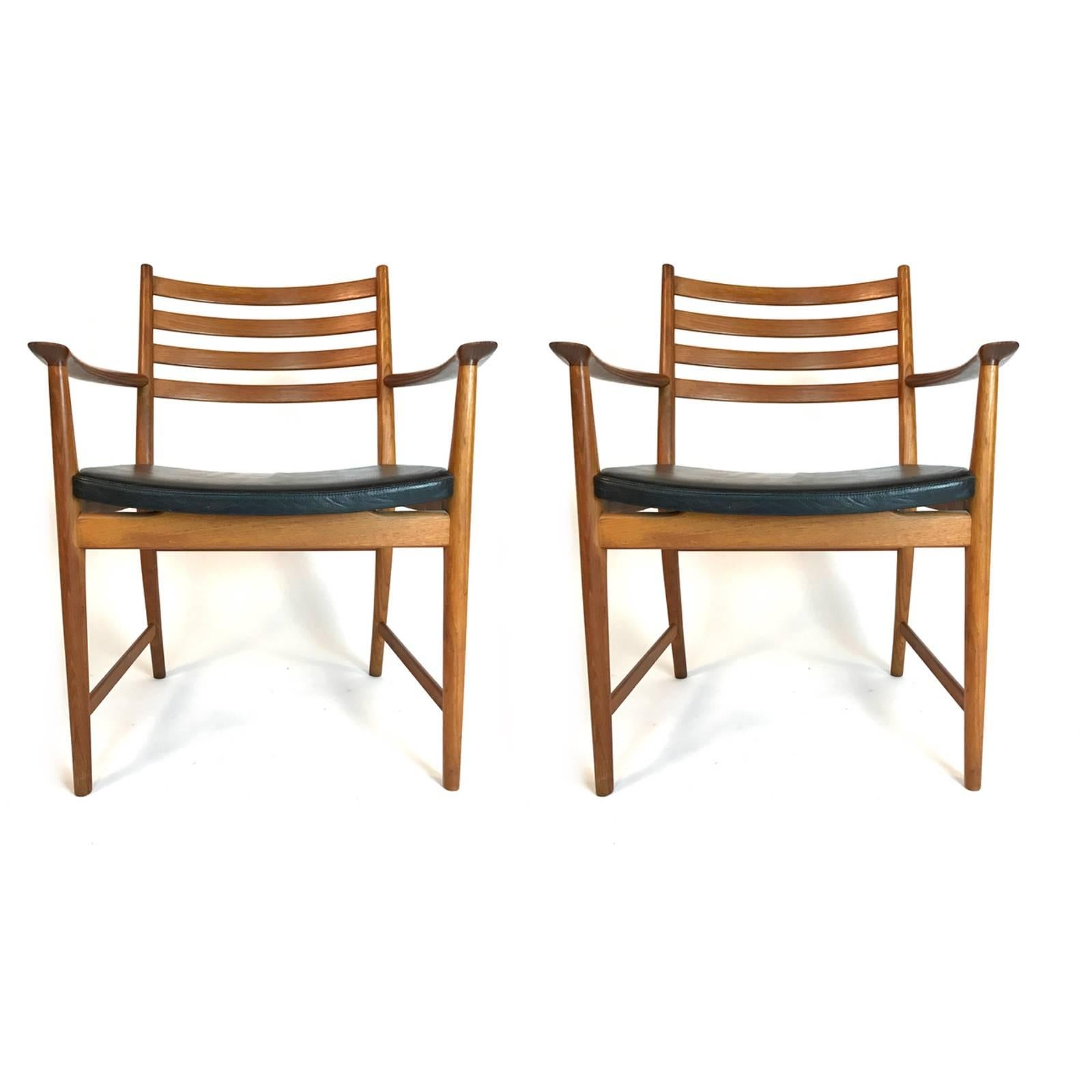 Danish Set of Six Teak and Leather Dining Chairs by Kai Lyngfeldt Larsen for Vejen