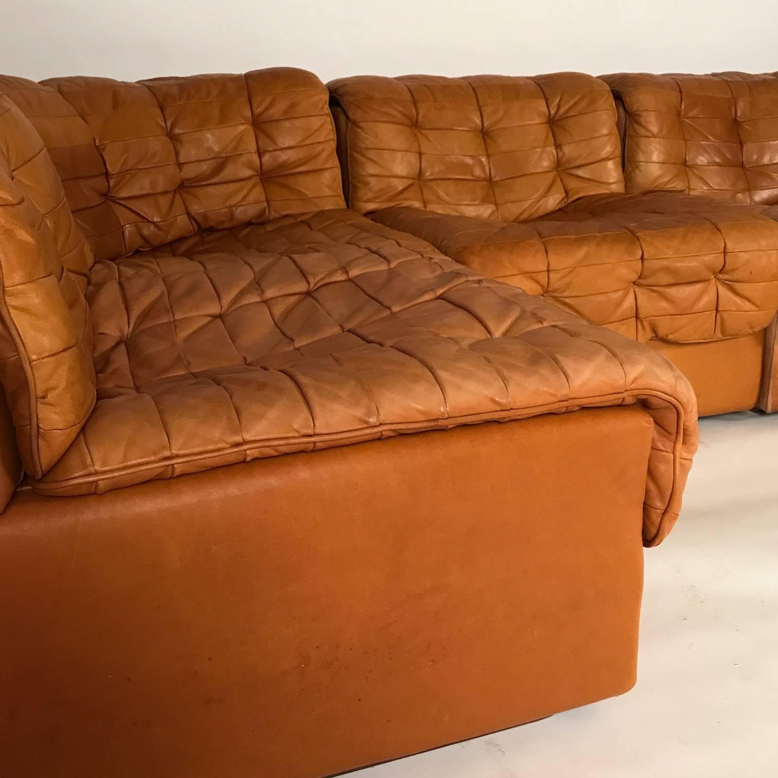 Mid-Century Modern Versatile 1970s De Sede Cognac Patchwork Leather DS11 Six-Piece Sectional