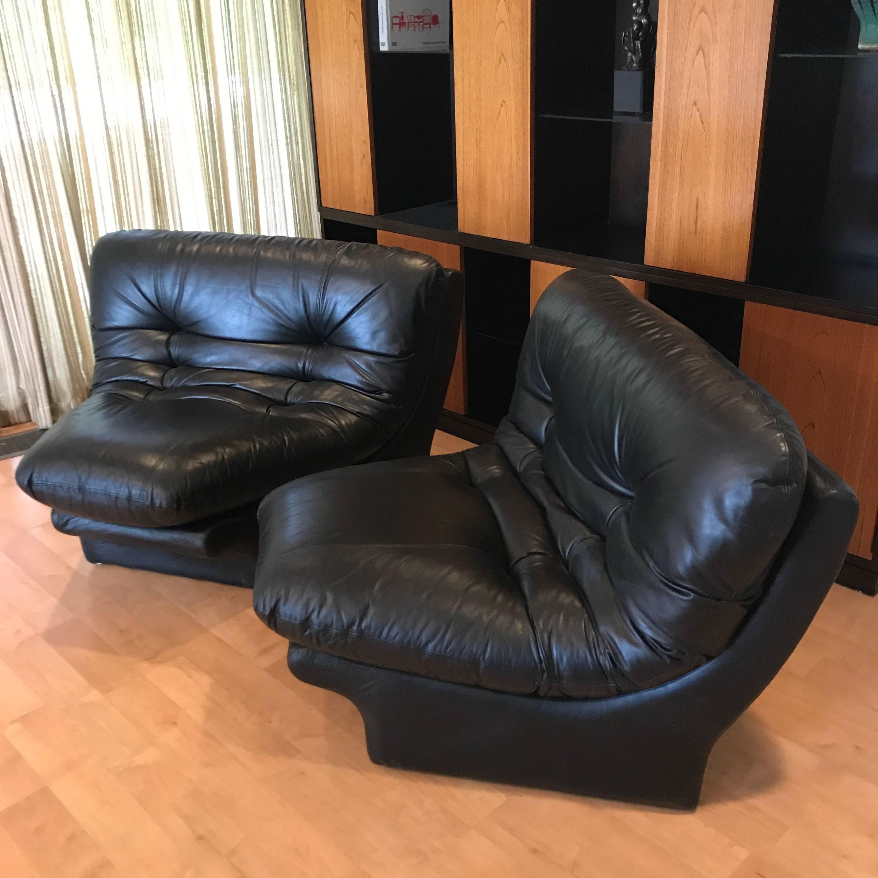 Pair Stunning 1970s Space Age Modern Black Wedge Leather Lounge Chairs  Preview 2