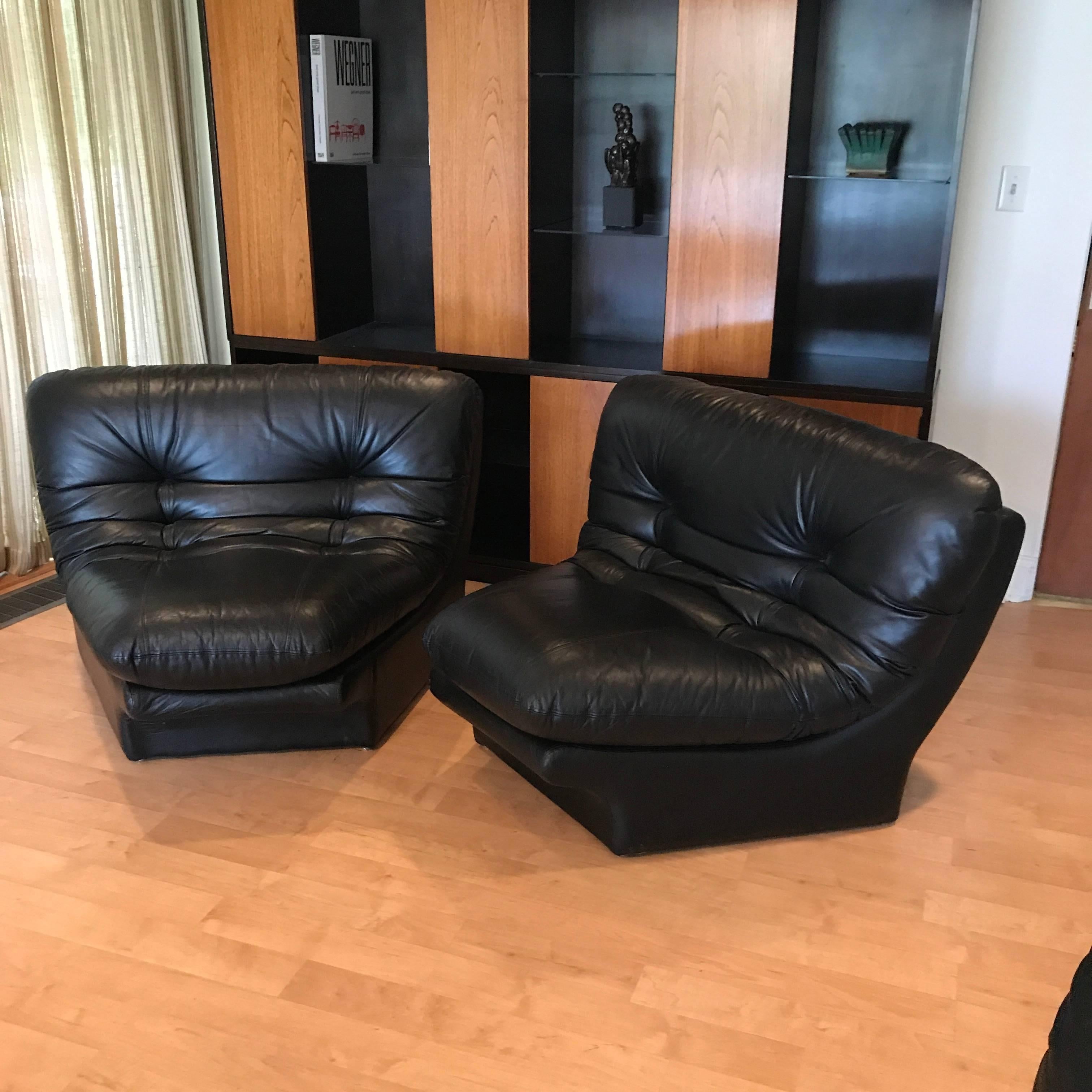 Pair Stunning 1970s Space Age Modern Black Wedge Leather Lounge Chairs  Preview 3