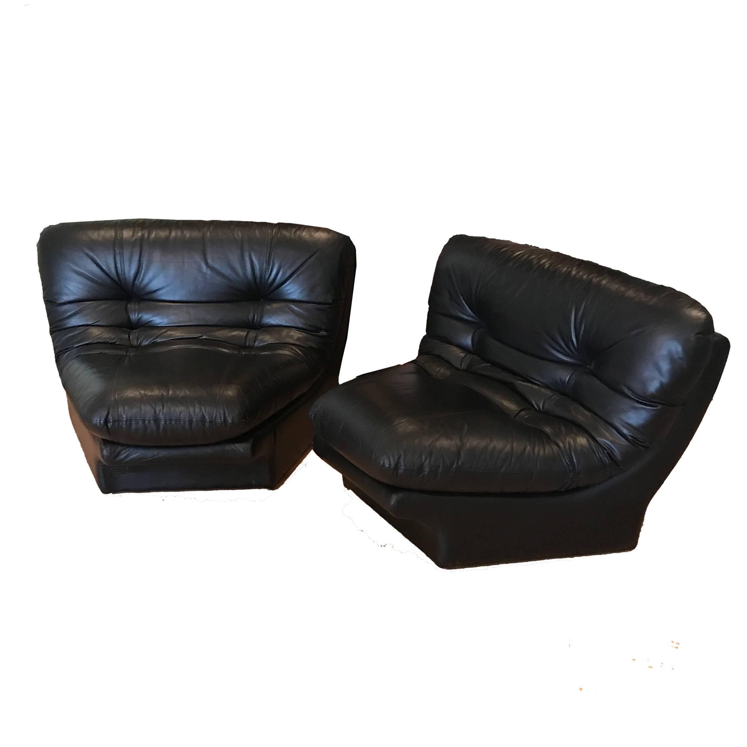 Late 20th Century Pair Stunning 1970s Space Age Modern Black Wedge Leather Lounge Chairs  Preview