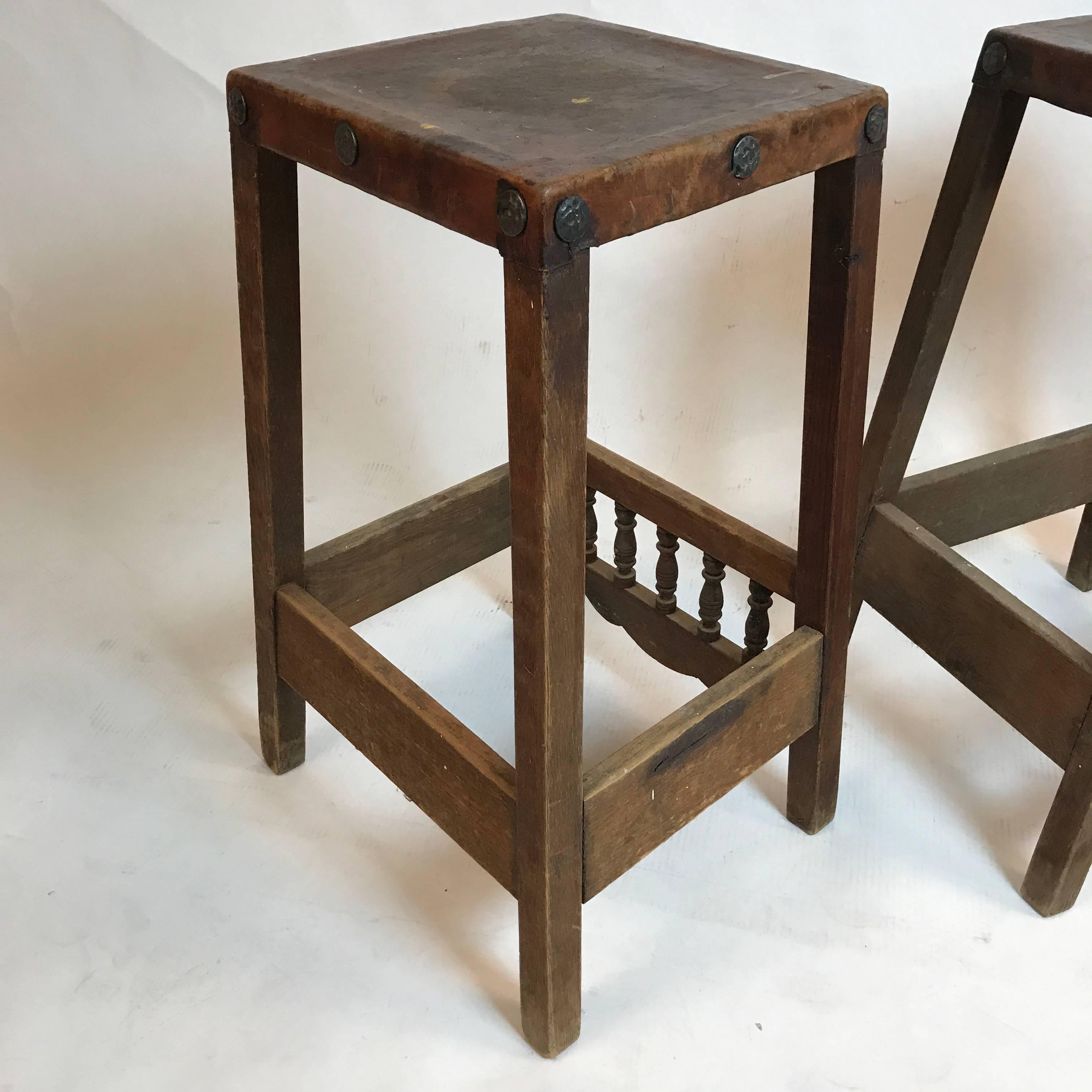 20th Century Early American Rustic Folk Art Leather & Wood with Hand-Forged Detail Bar Stools