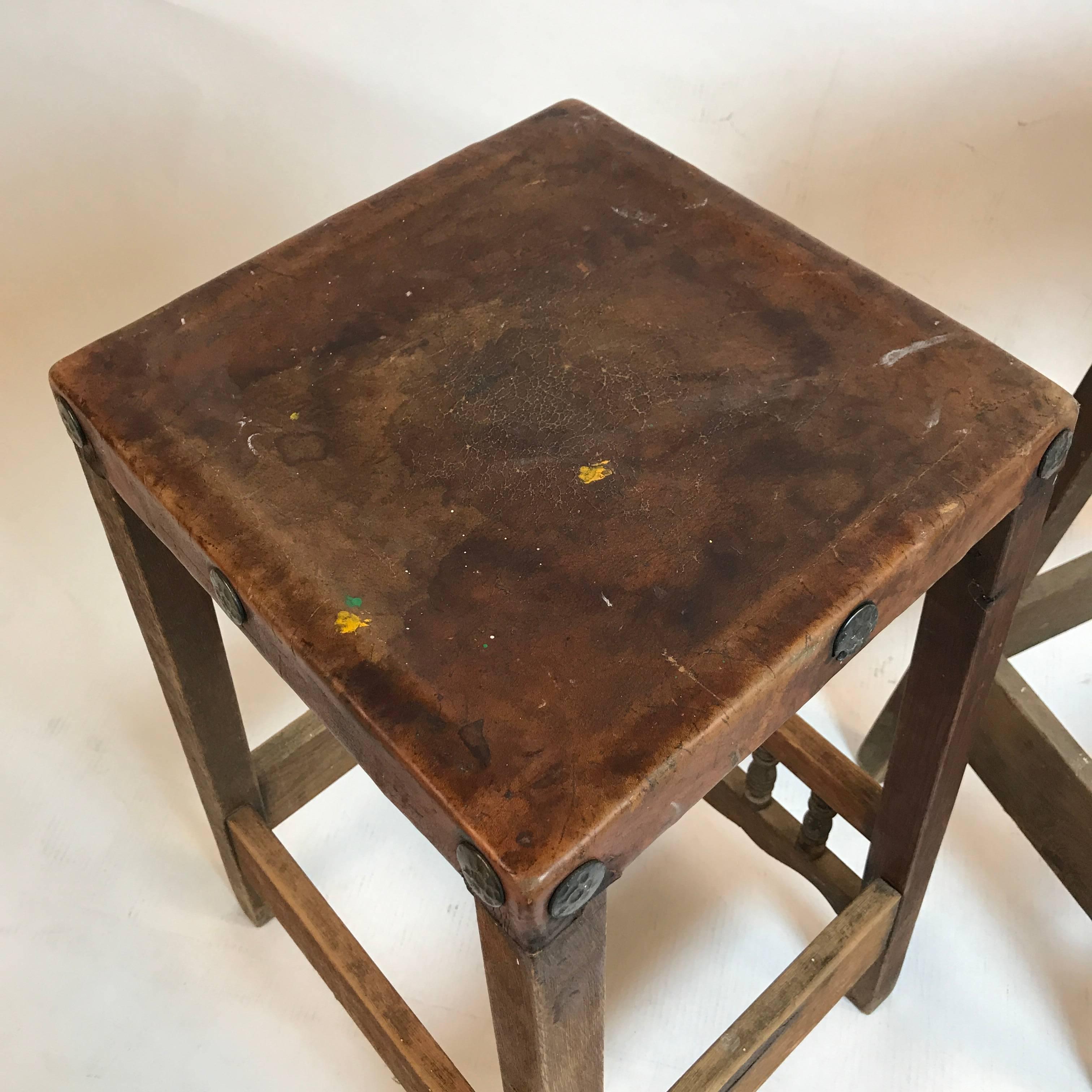 Early American Rustic Folk Art Leather & Wood with Hand-Forged Detail Bar Stools In Good Condition In Hudson, NY