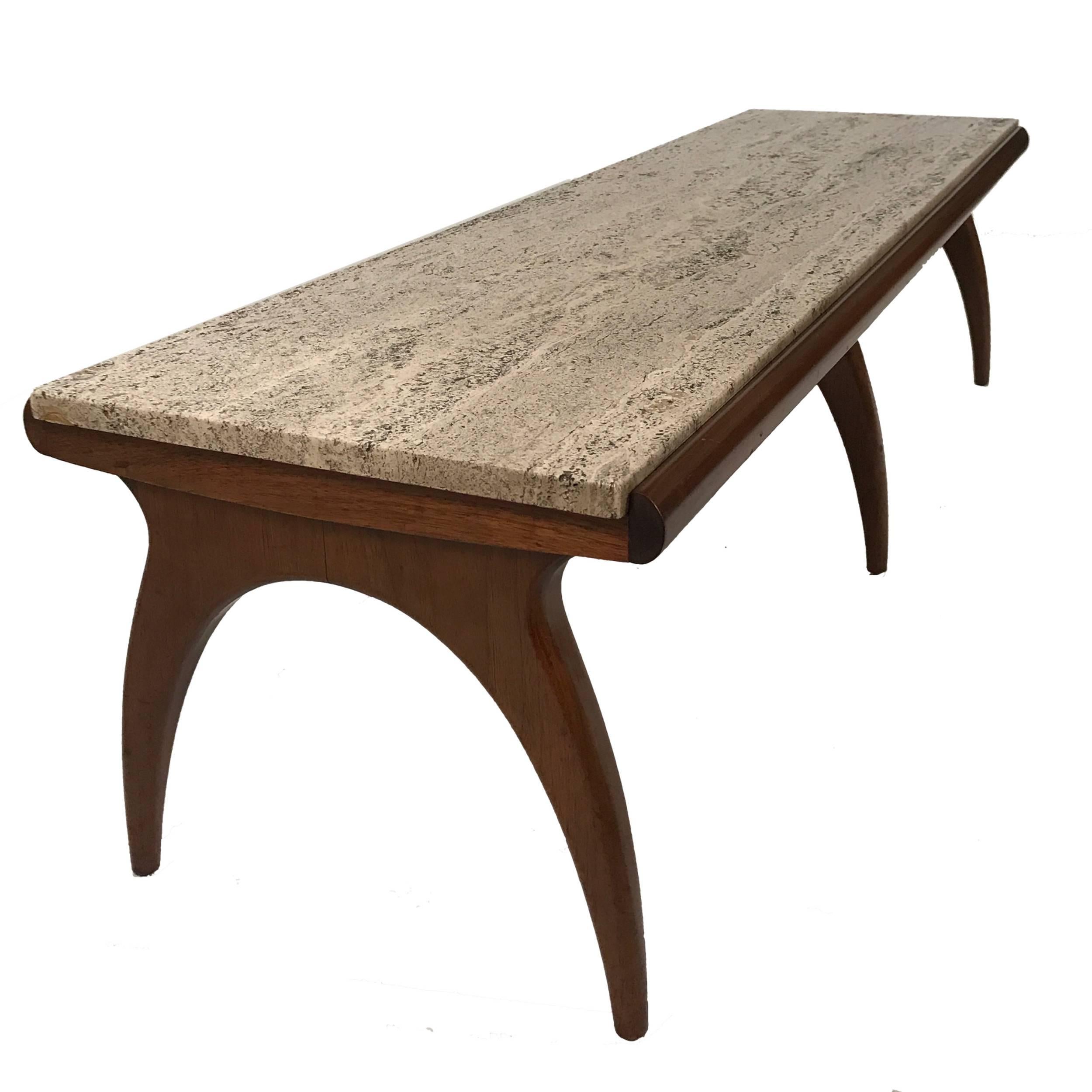 Stunning sculptural piece in great original condition with travertine top designed by Bertha Schaefer for Singer and Sons. Singer and Sons introduced many Italian designers, such as Gio Ponti, Carlo Mollino, and Ico Parisi, to the American