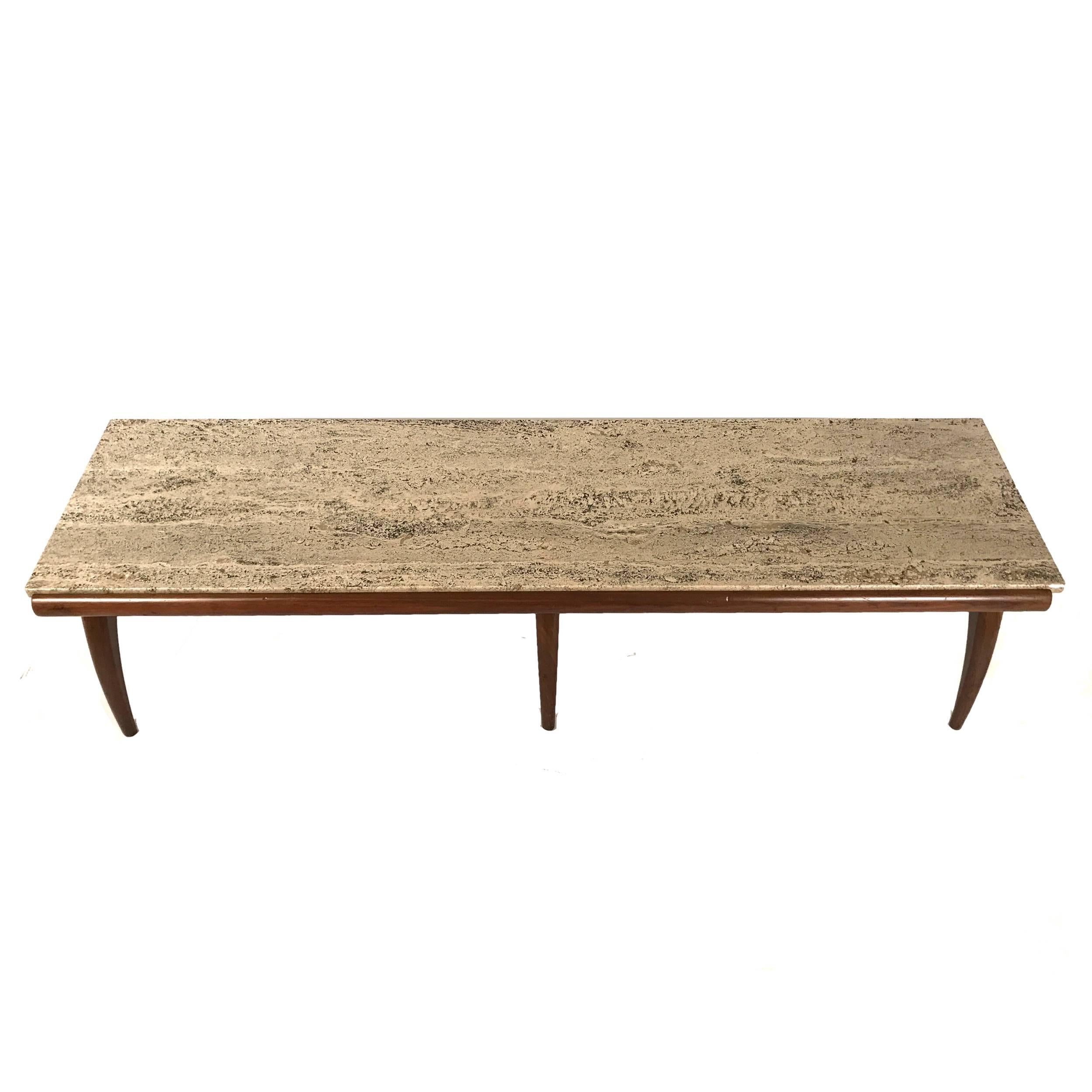 American Bertha Schaefer for Singer and Sons Travertine and Walnut Coffee Table or Bench