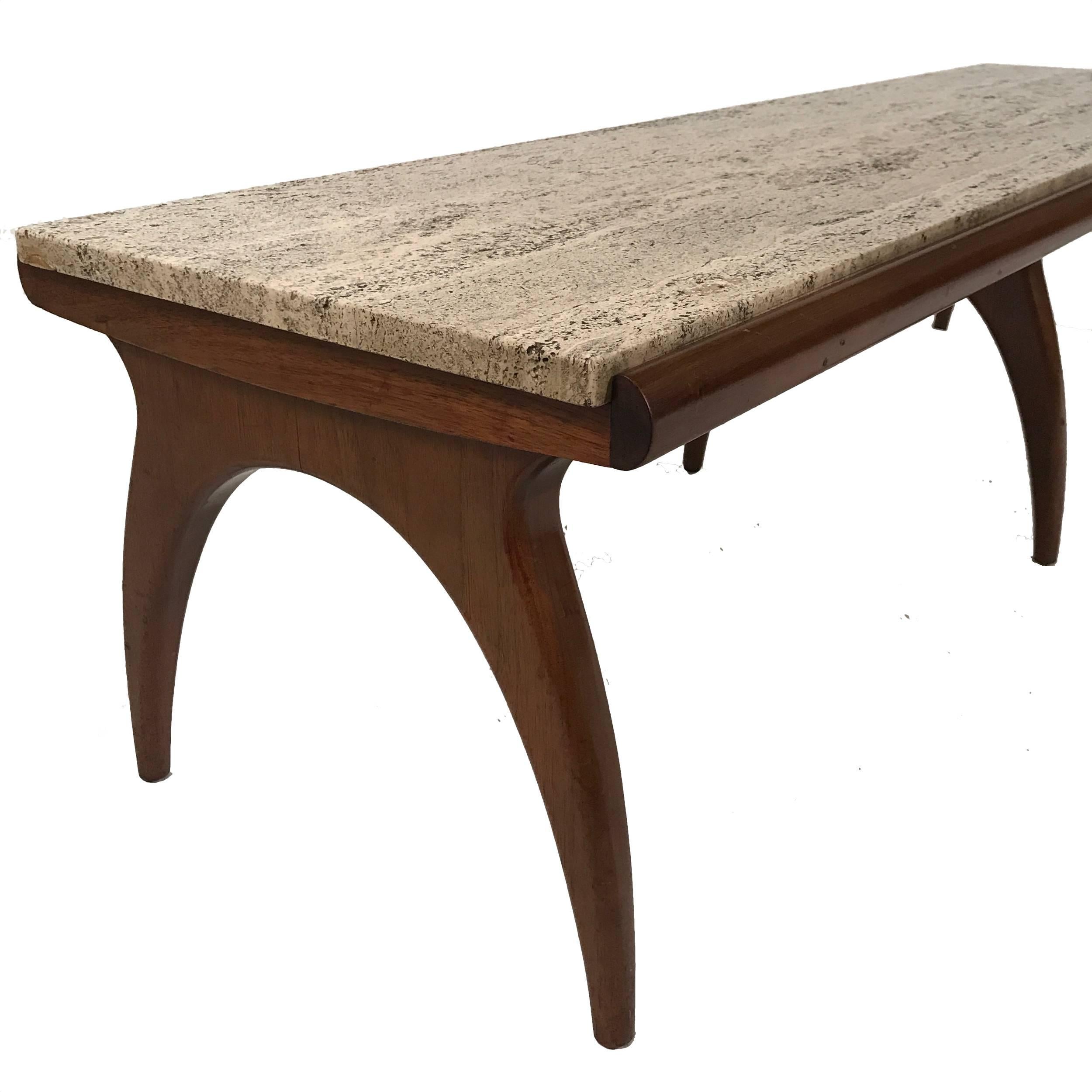 Carved Bertha Schaefer for Singer and Sons Travertine and Walnut Coffee Table or Bench