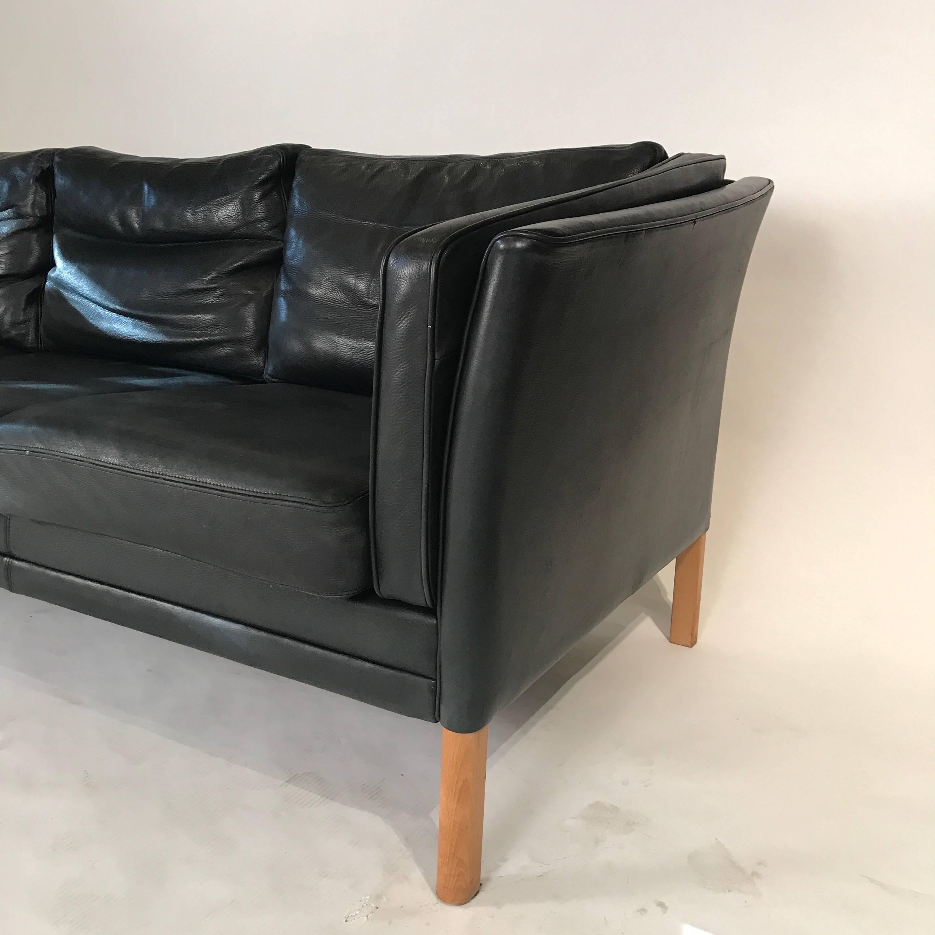 Scandinavian Modern Classic 1950s Danish Modern Black Leather Sofa in the Manner of Børge Mogensen