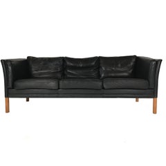 Classic 1950s Danish Modern Black Leather Sofa in the Manner of Børge Mogensen