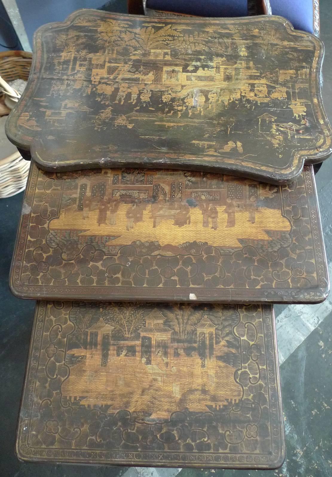 French XVIII 'Three' Nest of Tables With Asian Motif In Distressed Condition In Santa Monica, CA