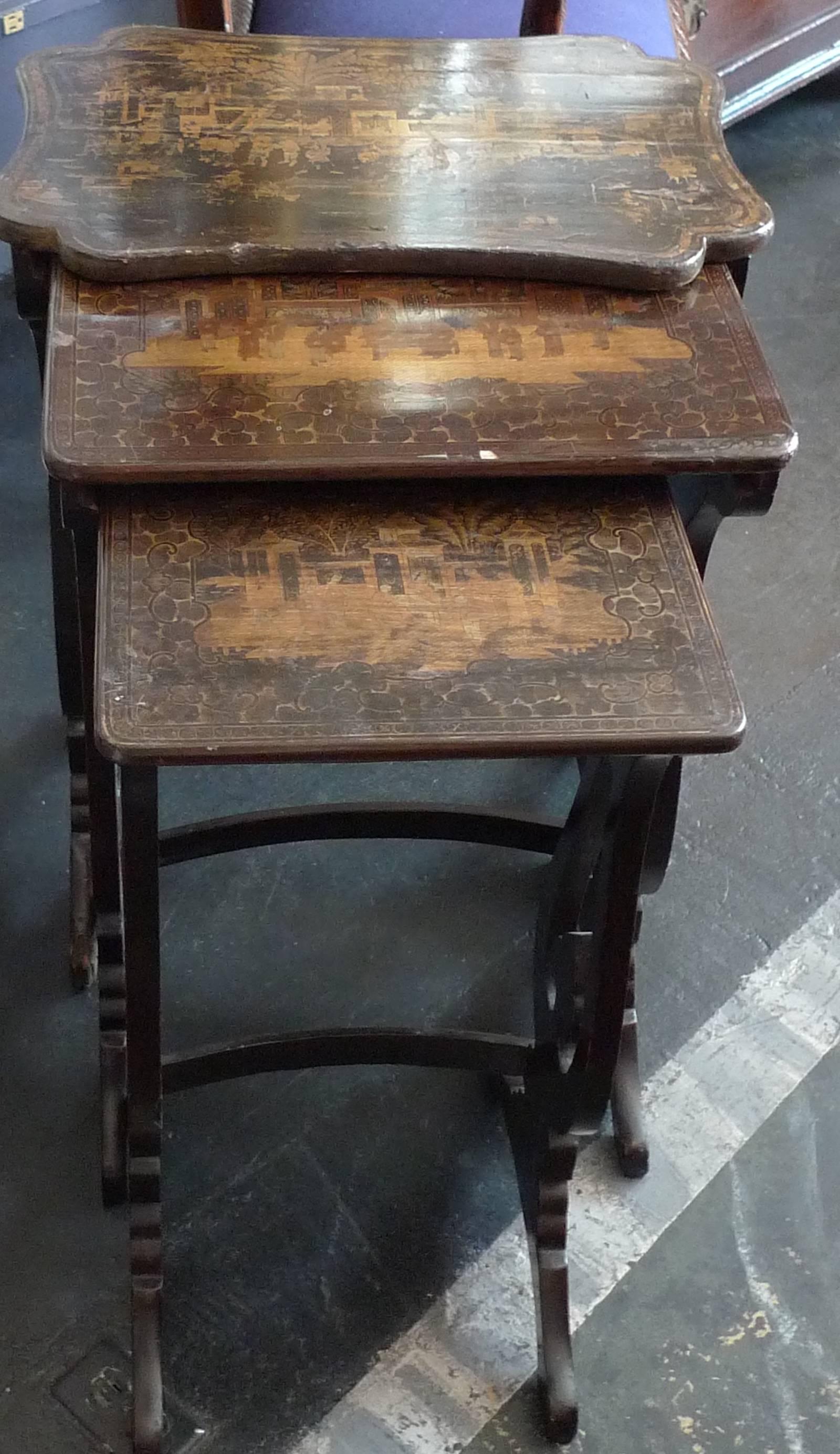 Late 18th Century French XVIII 'Three' Nest of Tables With Asian Motif