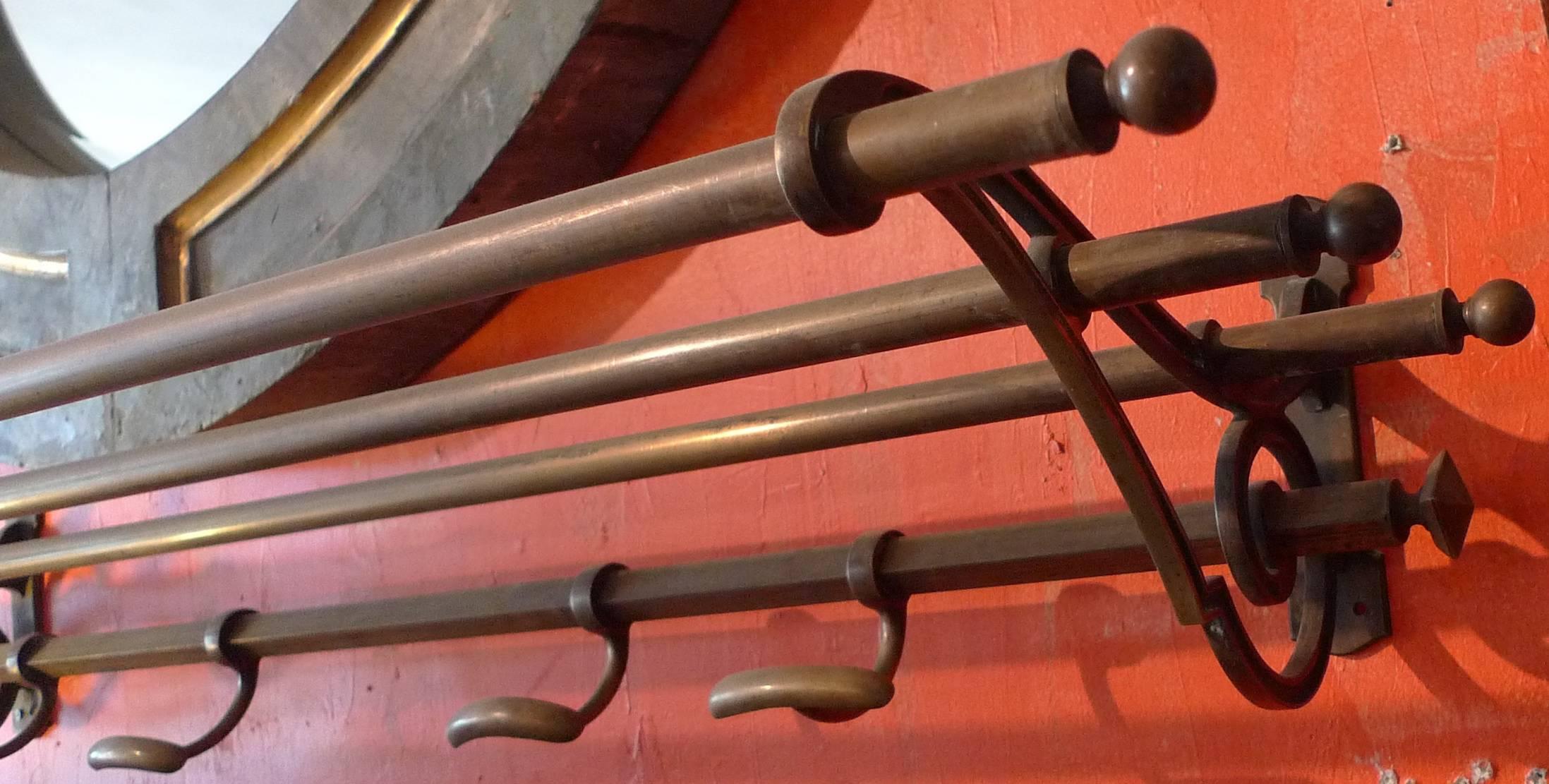 French 1920s Brass Bistro Coat and Hat Rack with Eight Hooks In Distressed Condition In Santa Monica, CA
