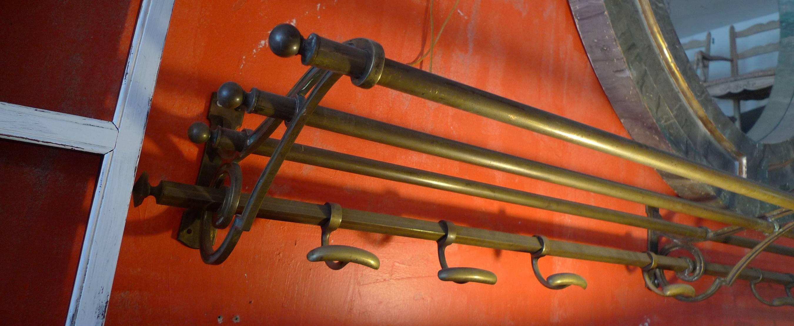 French 1920s Brass Bistro Coat and Hat Rack with Eight Hooks 4