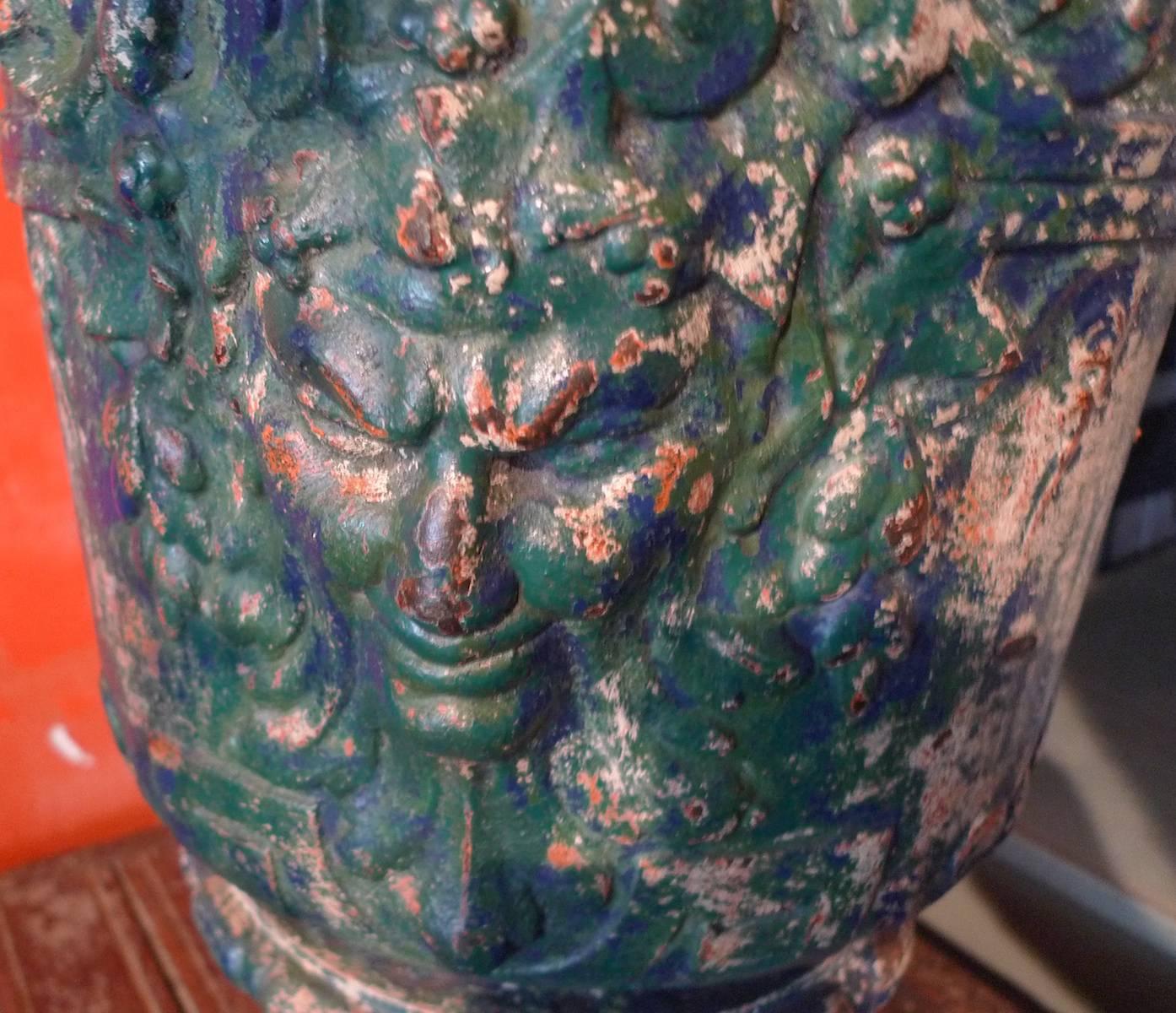 French 19th Century Blue Painted Cast Iron Urn In Distressed Condition In Santa Monica, CA