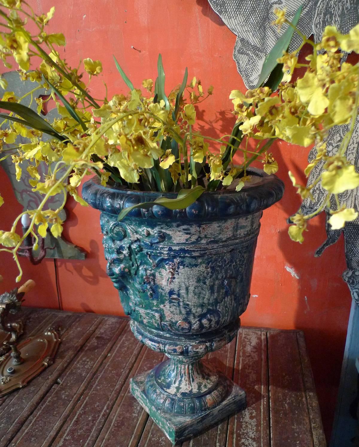 French 19th century blue painted cast iron urn.