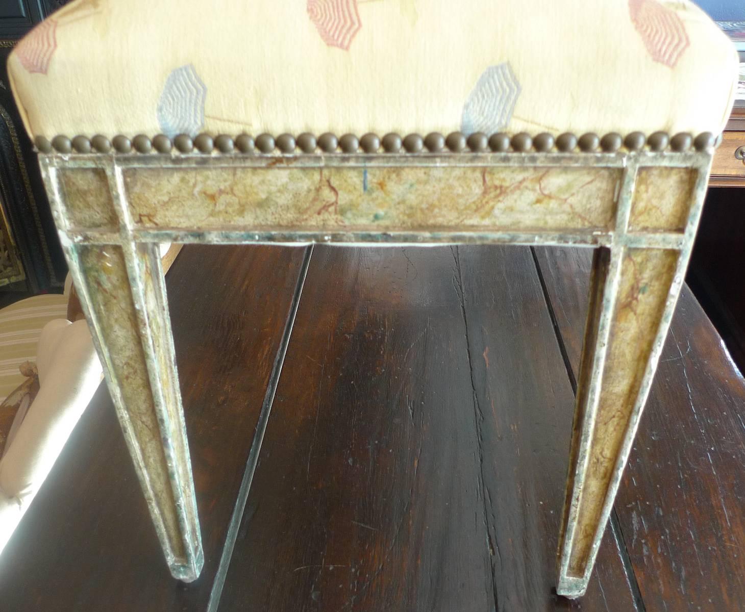 Spanish Pierre Lottier 1960s bench with faux marble legs and supports, Reupholstered with new colored fabric.