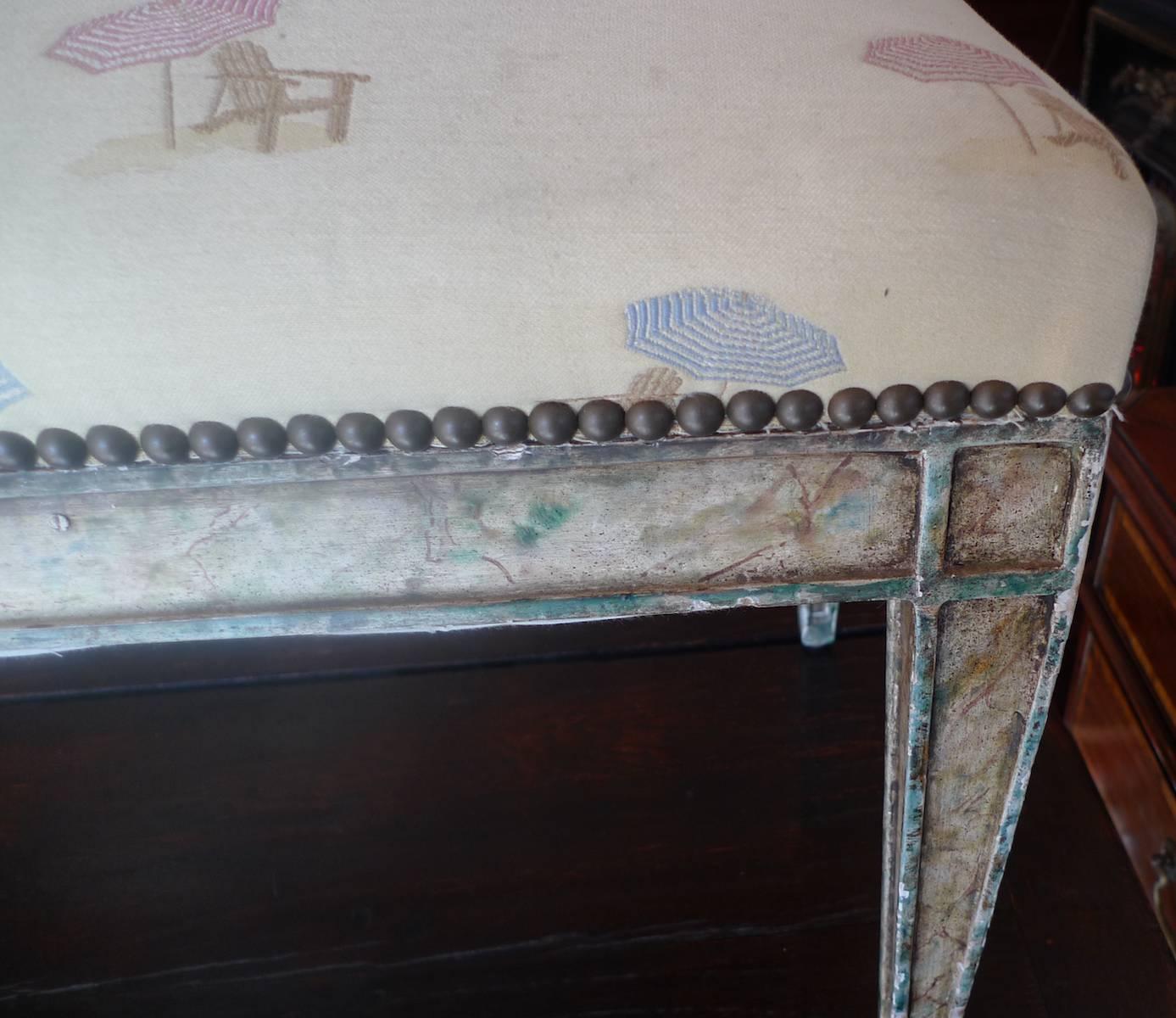 Painted Spanish Pierre Lottier 1960s Bench with Faux Marble Legs and Colored Fabric