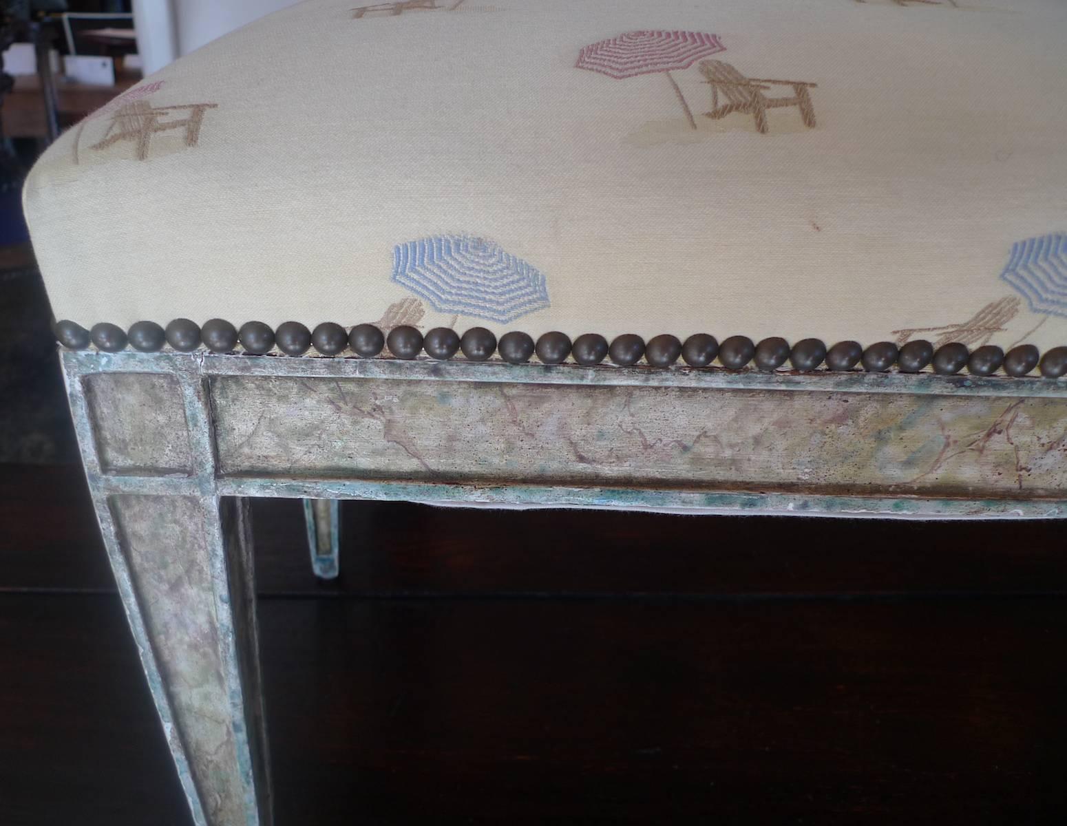 Spanish Pierre Lottier 1960s Bench with Faux Marble Legs and Colored Fabric In Good Condition In Santa Monica, CA