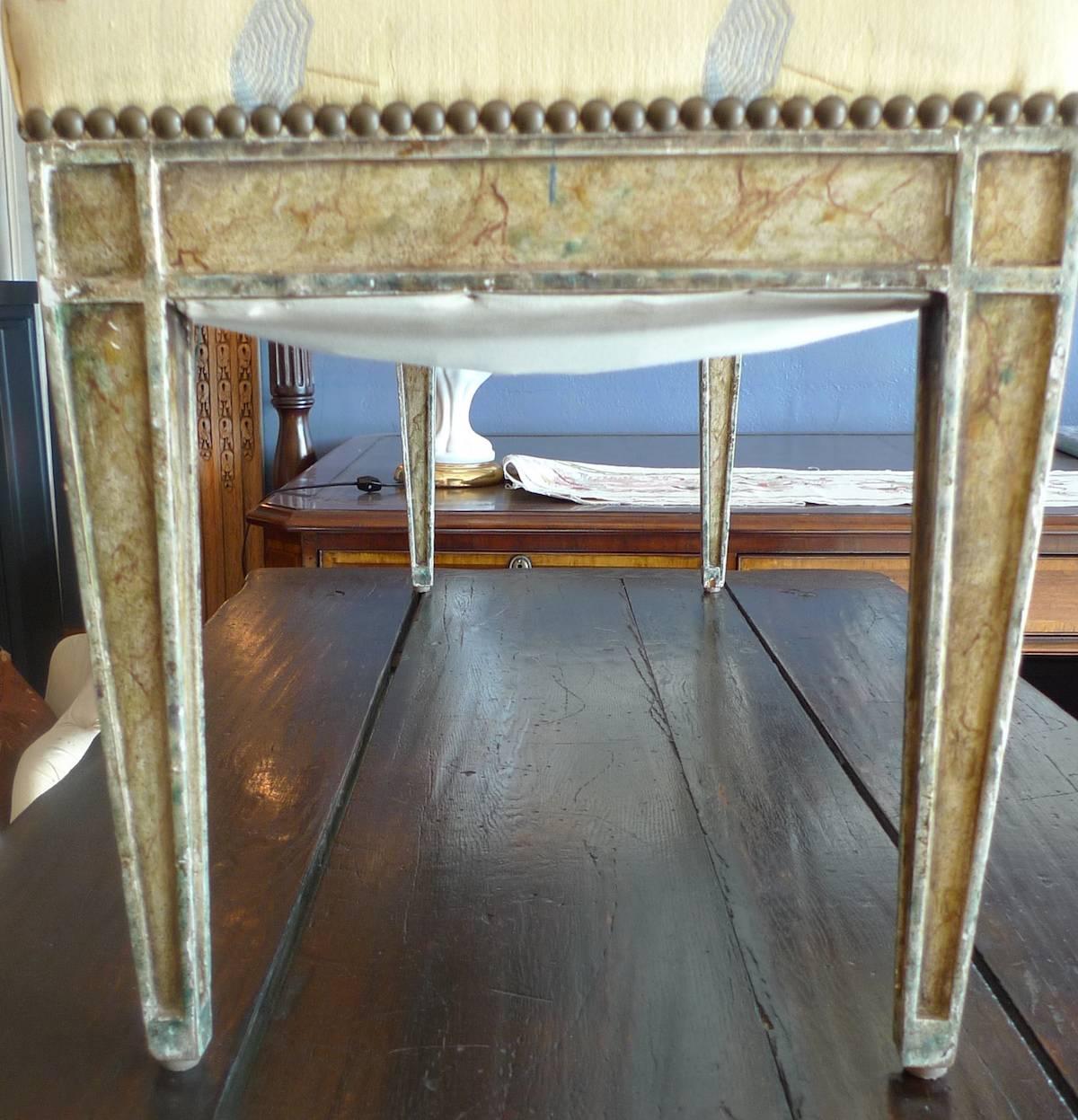 Spanish Pierre Lottier 1960s Bench with Faux Marble Legs and Colored Fabric 1