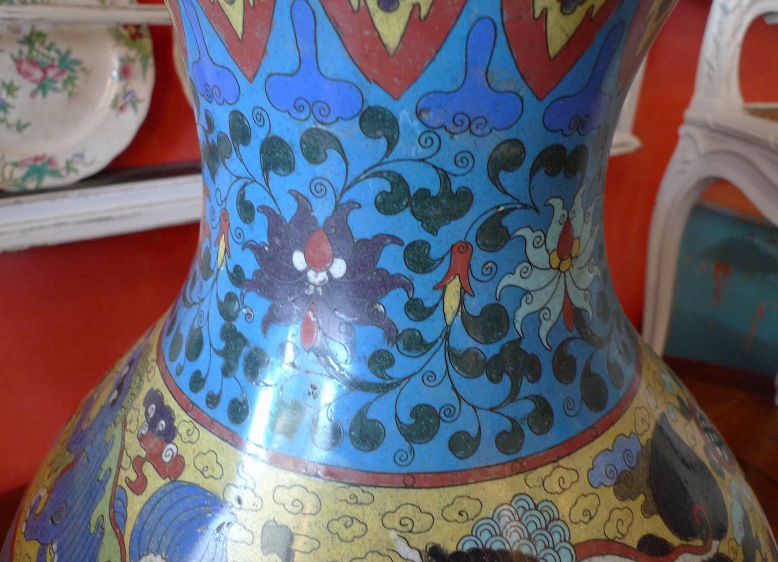 Chinese Late 19th Century Large Cloisonné Enamel Vase In Distressed Condition In Santa Monica, CA