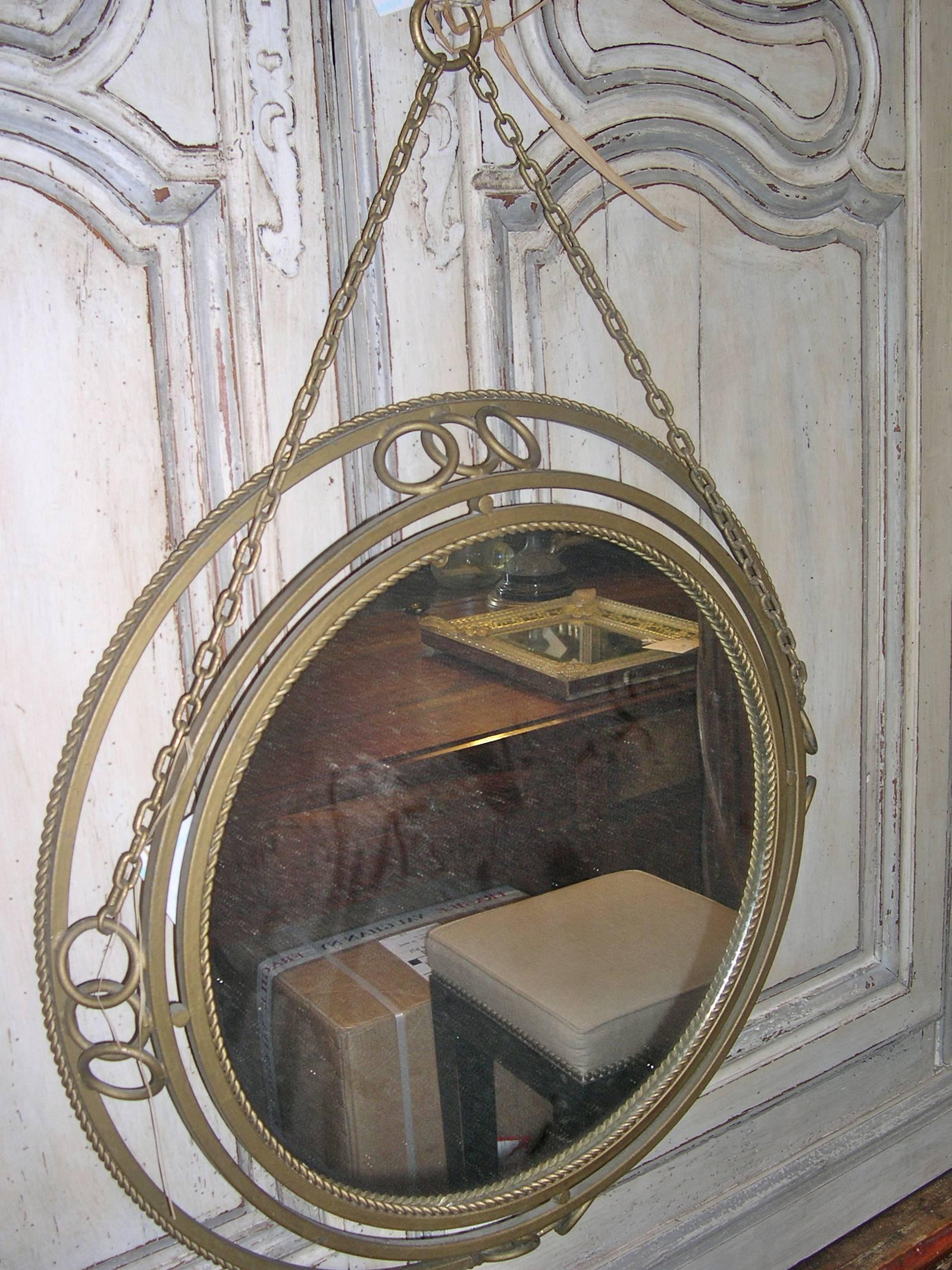 French 1950s Painted Round Metal Frame and Mirror with Hanging Chain 4