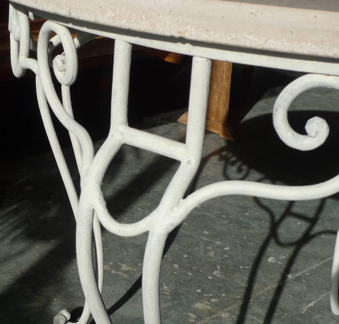 Bleached French 19th Century Round Stone Table Top on Painted White Iron Stand