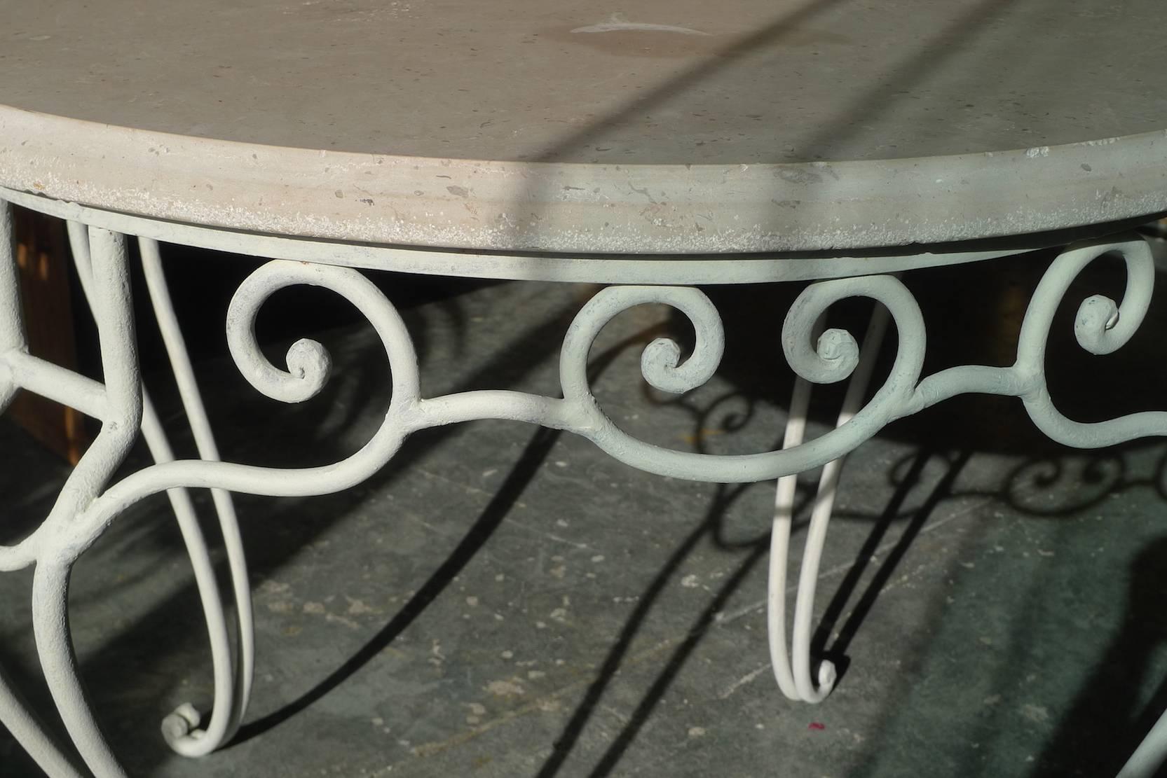 French 19th Century Round Stone Table Top on Painted White Iron Stand 1