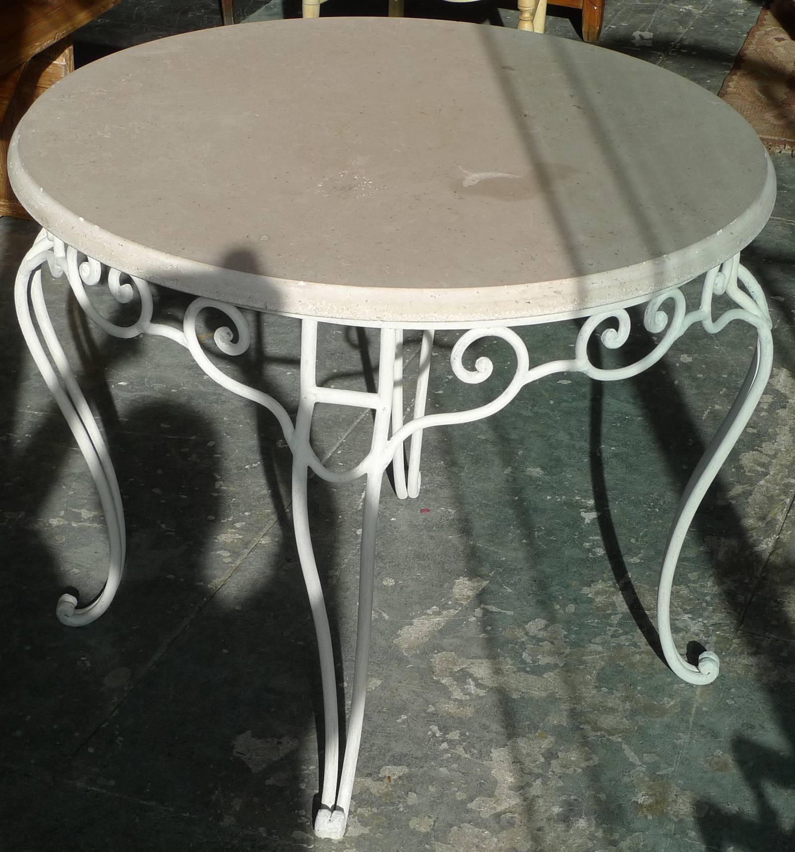 French 19th Century Round Stone Table Top on Painted White Iron Stand 3