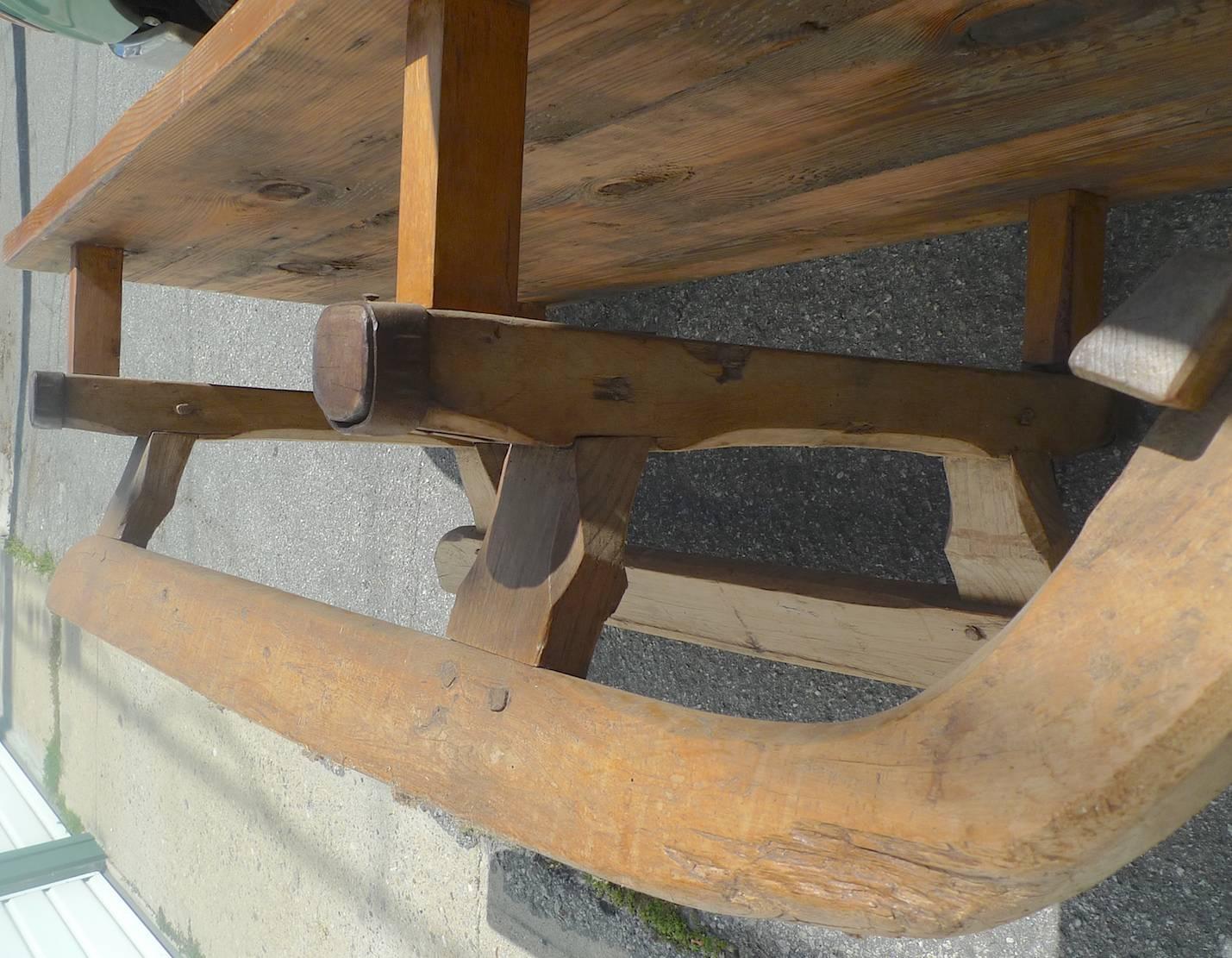 Swiss Pinewood 19th Century Sleigh Coffee Table. In Distressed Condition In Santa Monica, CA