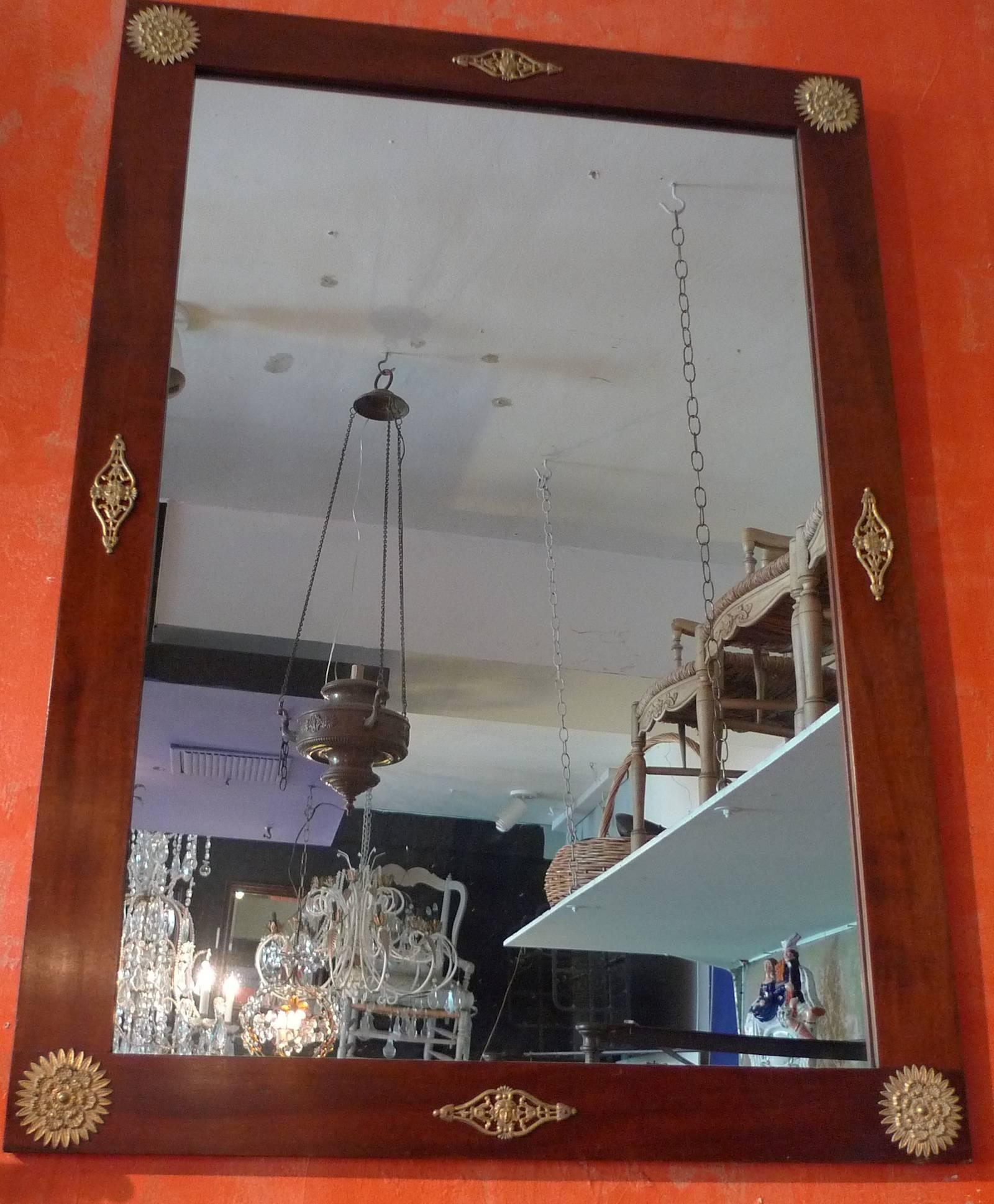 French 19th Century Stained Walnut and Brass Empire Style Framed Mirror 3