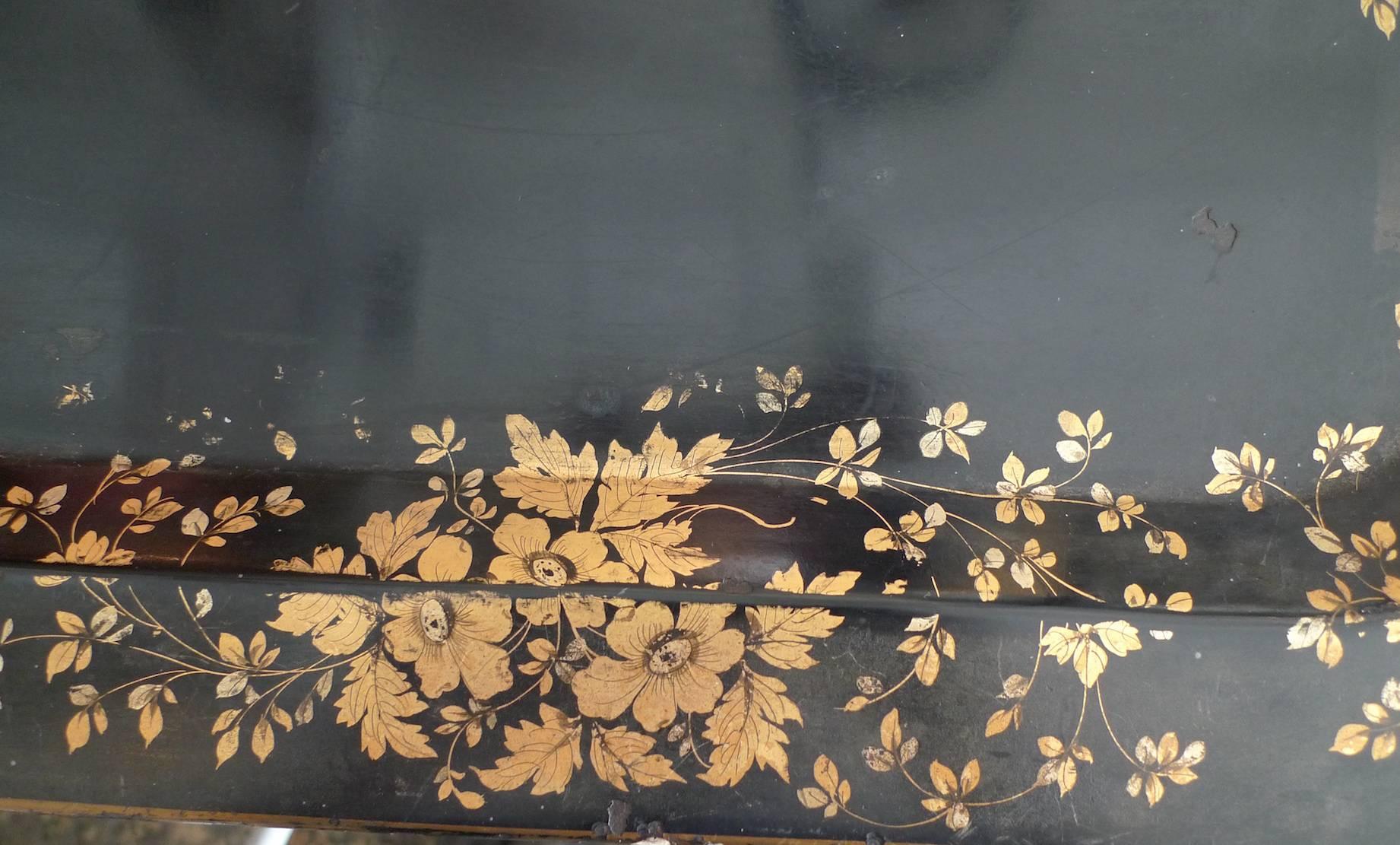 Blackened French 19th Century Black Toile Tray with Gold Decorative Painted Surround