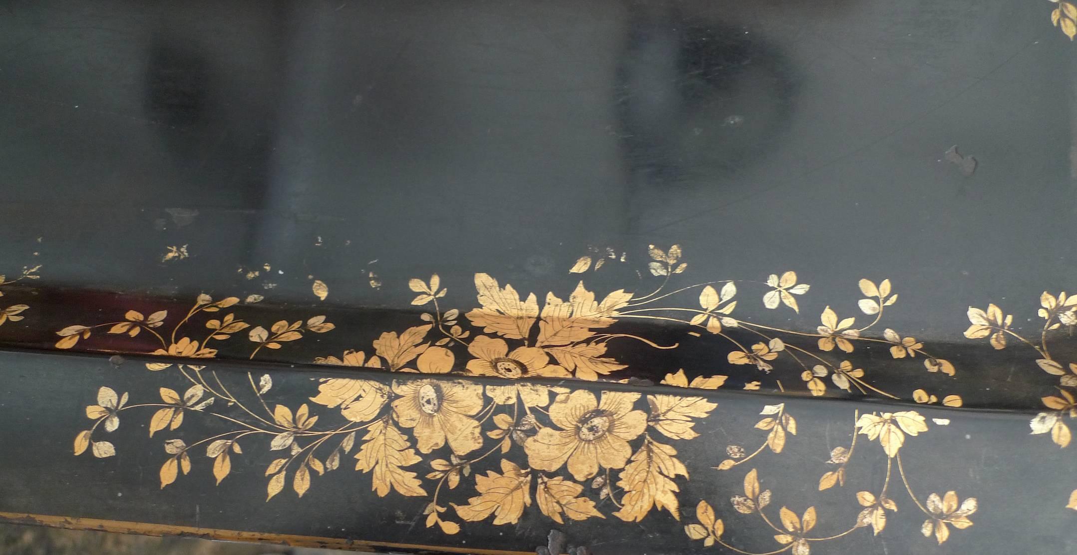 Metal French 19th Century Black Toile Tray with Gold Decorative Painted Surround
