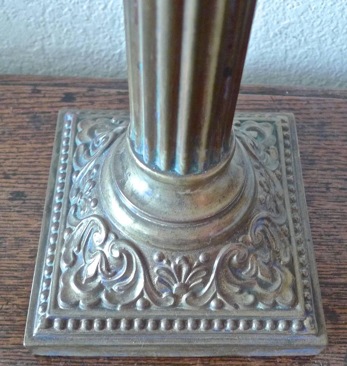 Polished English 19th Century Brass and Glass Column Table Lamp