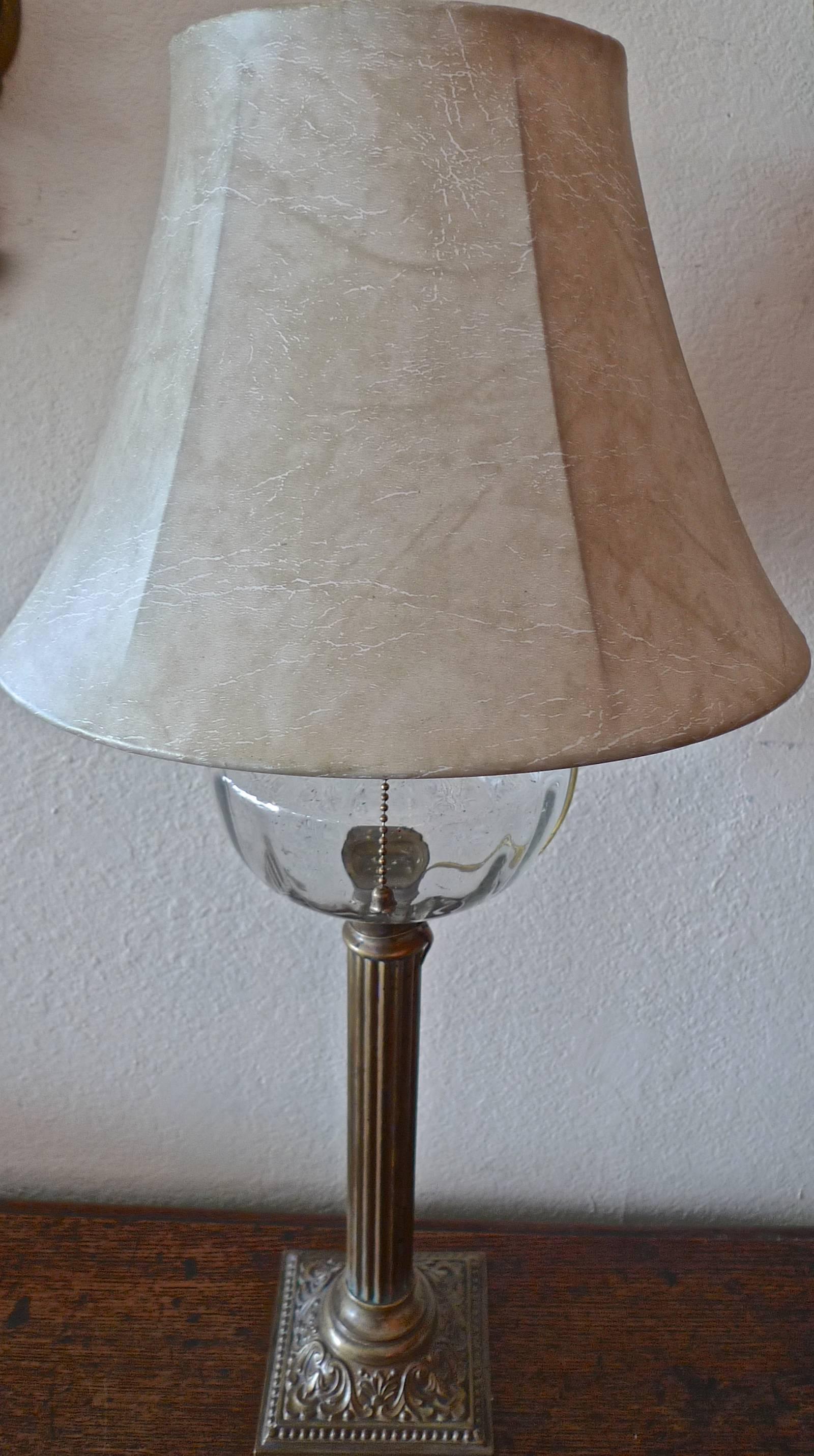 English 19th Century Brass and Glass Column Table Lamp In Good Condition In Santa Monica, CA