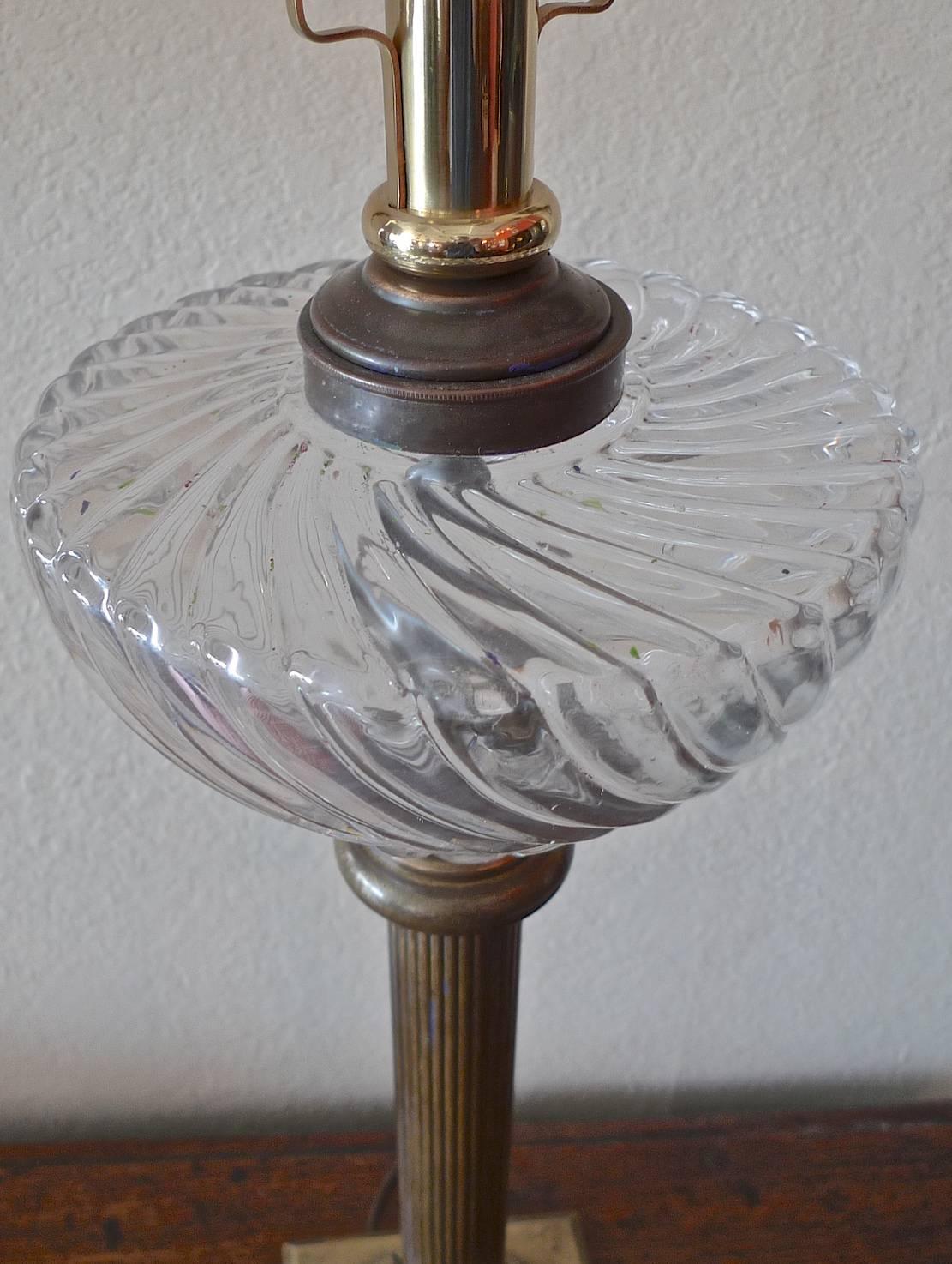 English 19th Century Brass and Glass Column Table Lamp In Good Condition In Santa Monica, CA