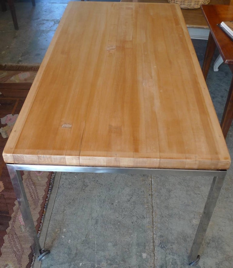 American 1970s Butcher's Block Kitchen Table on Polished Chrome Legs