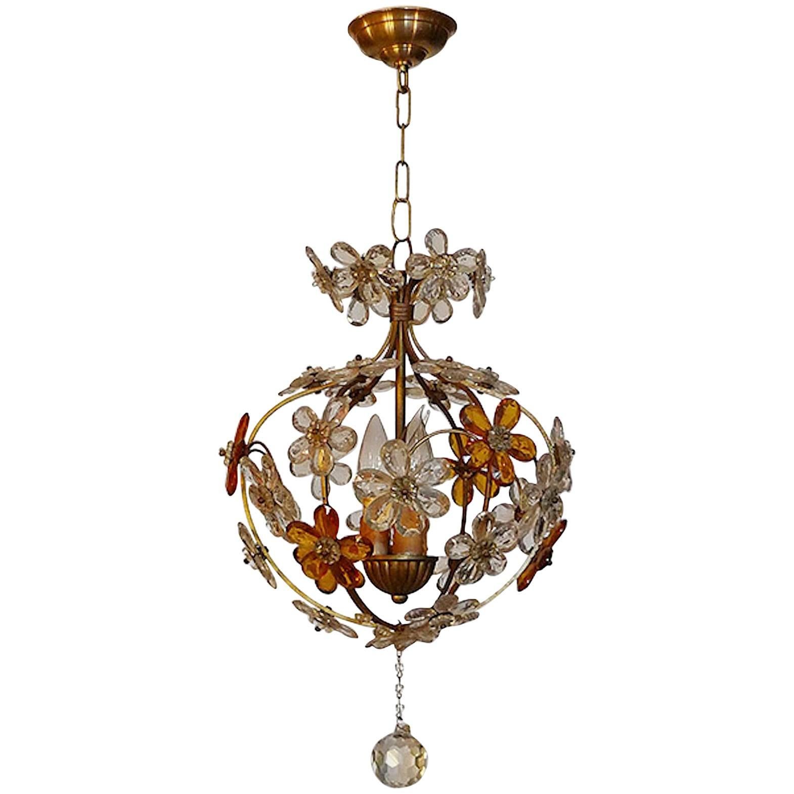 Italian 1940s Chandelier, Three Cluster Light with Amber and Clear Glass Flowers