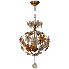 Italian 1940s Chandelier, Three Cluster Light with Amber and Clear Glass Flowers