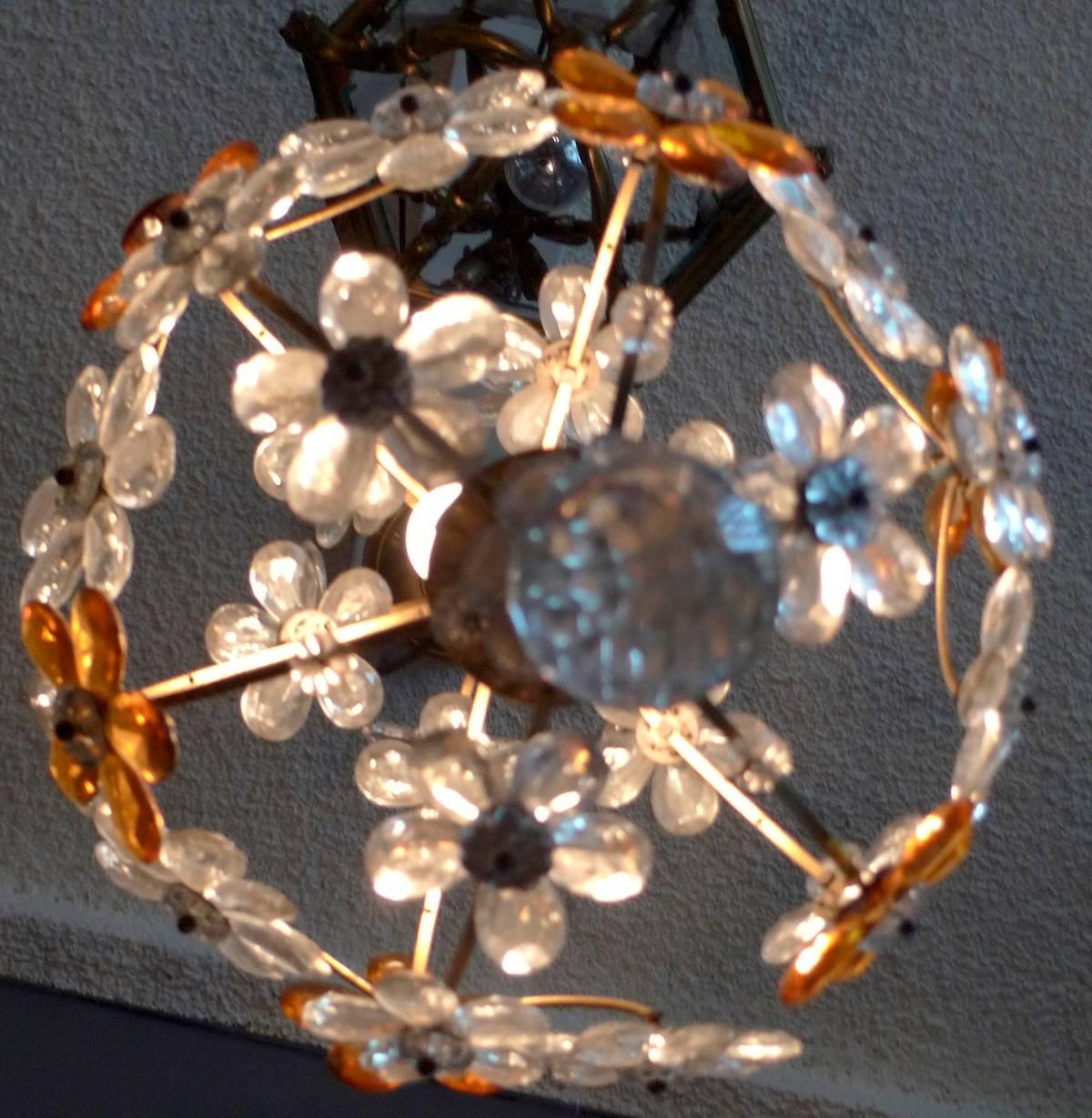 Italian 1940s chandelier, three cluster light with amber and clear glass flowers.