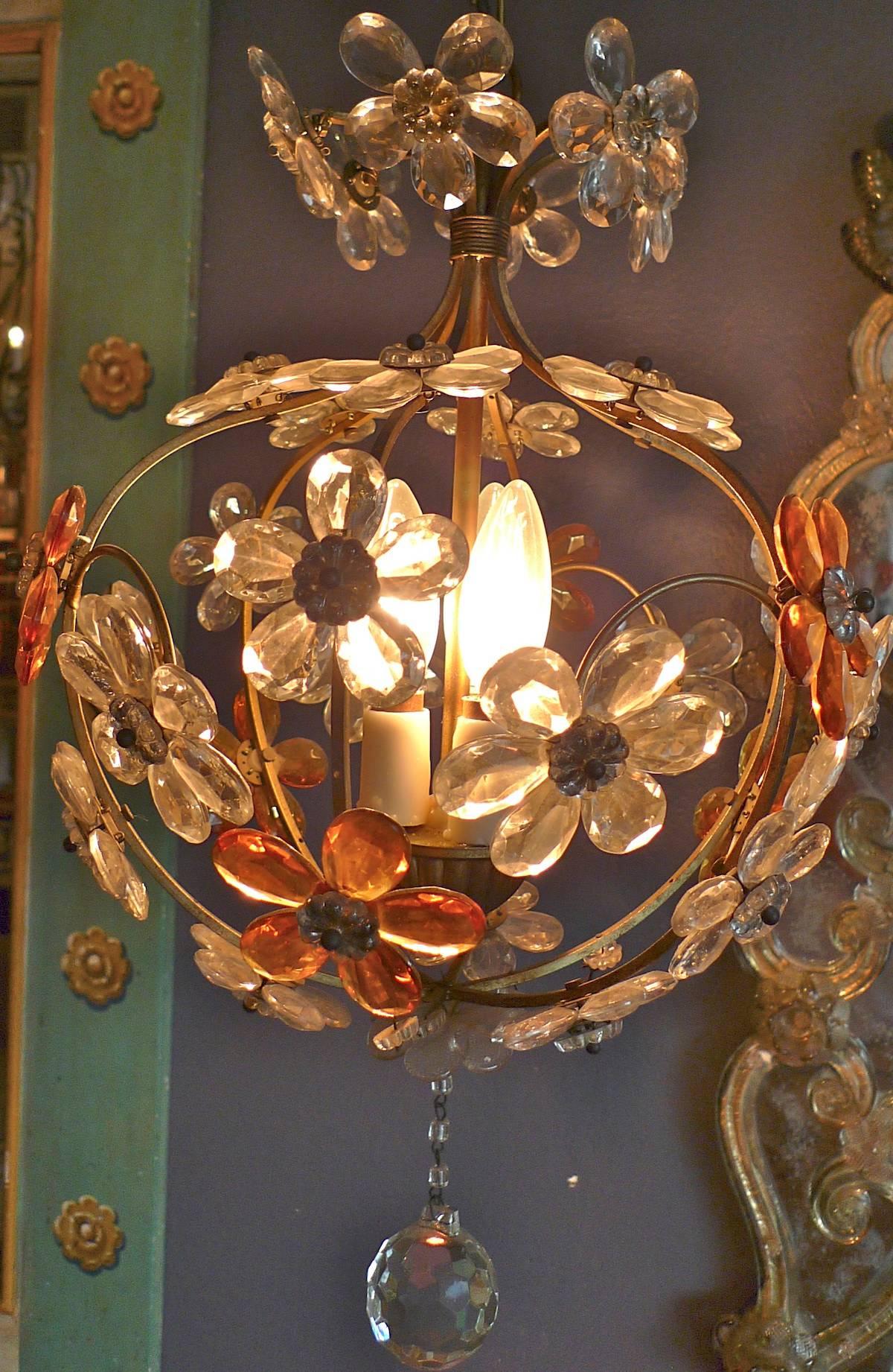 Polished Italian 1940s Chandelier, Three Cluster Light with Amber and Clear Glass Flowers