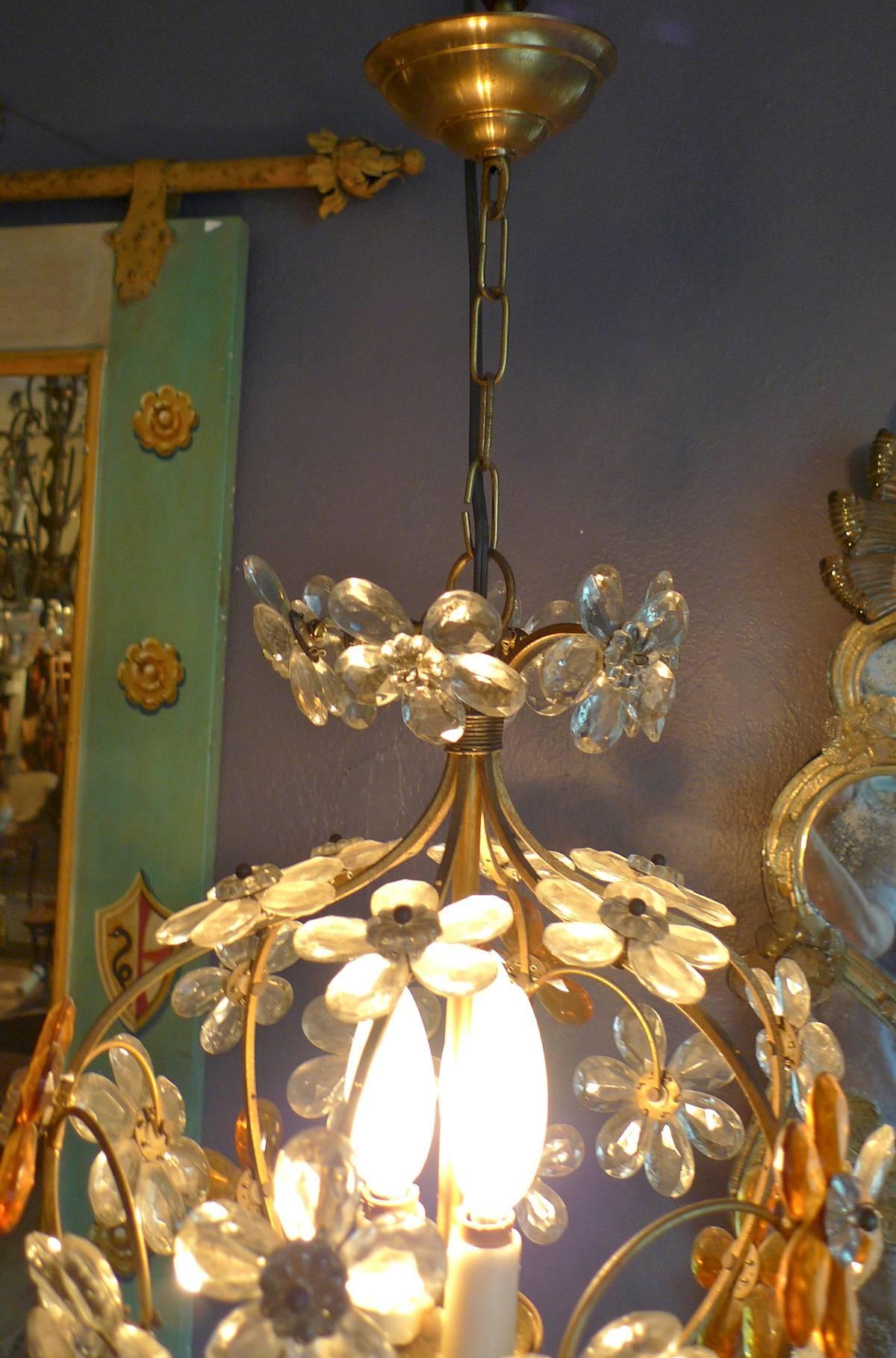 Italian 1940s Chandelier, Three Cluster Light with Amber and Clear Glass Flowers In Good Condition In Santa Monica, CA