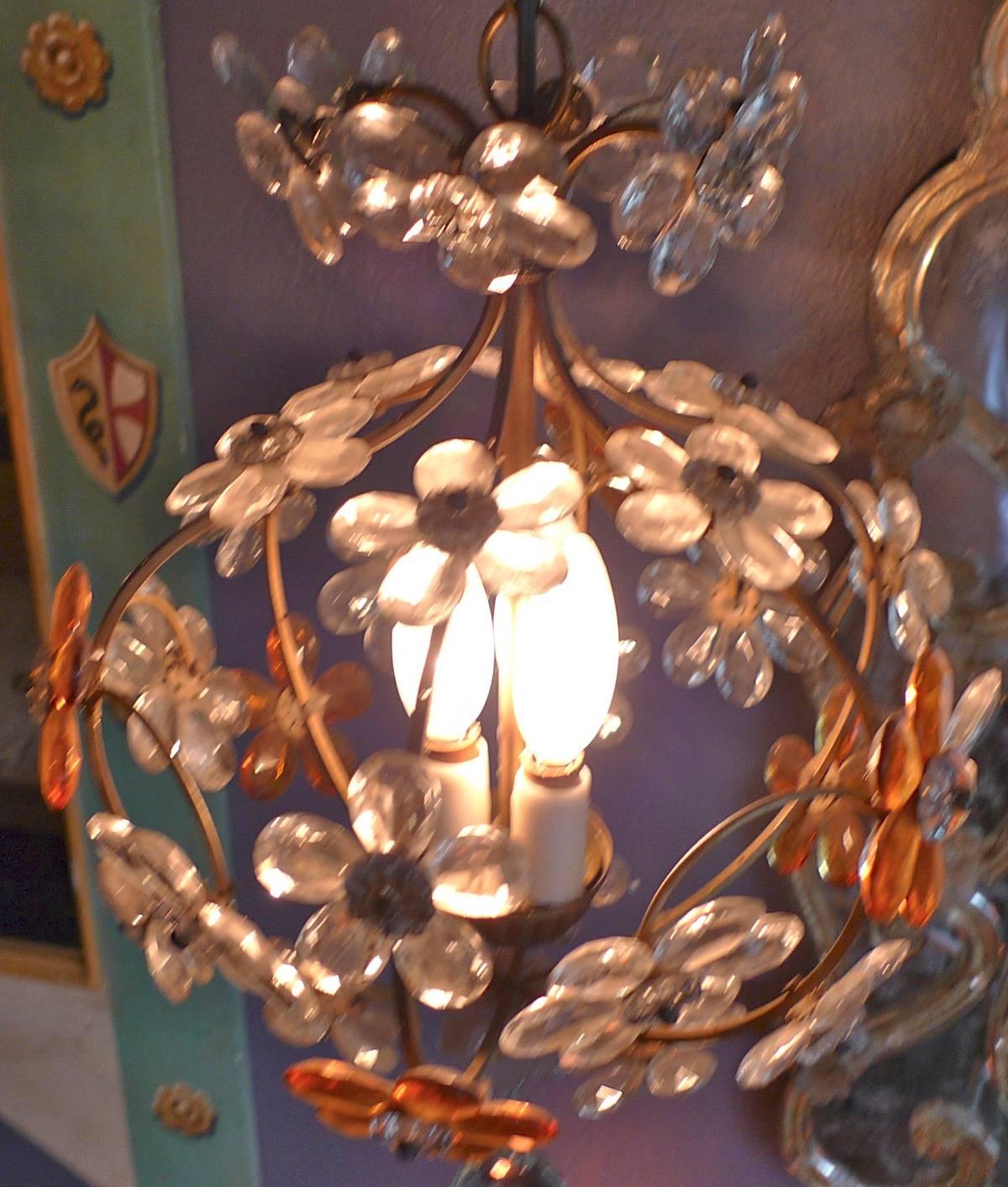 20th Century Italian 1940s Chandelier, Three Cluster Light with Amber and Clear Glass Flowers