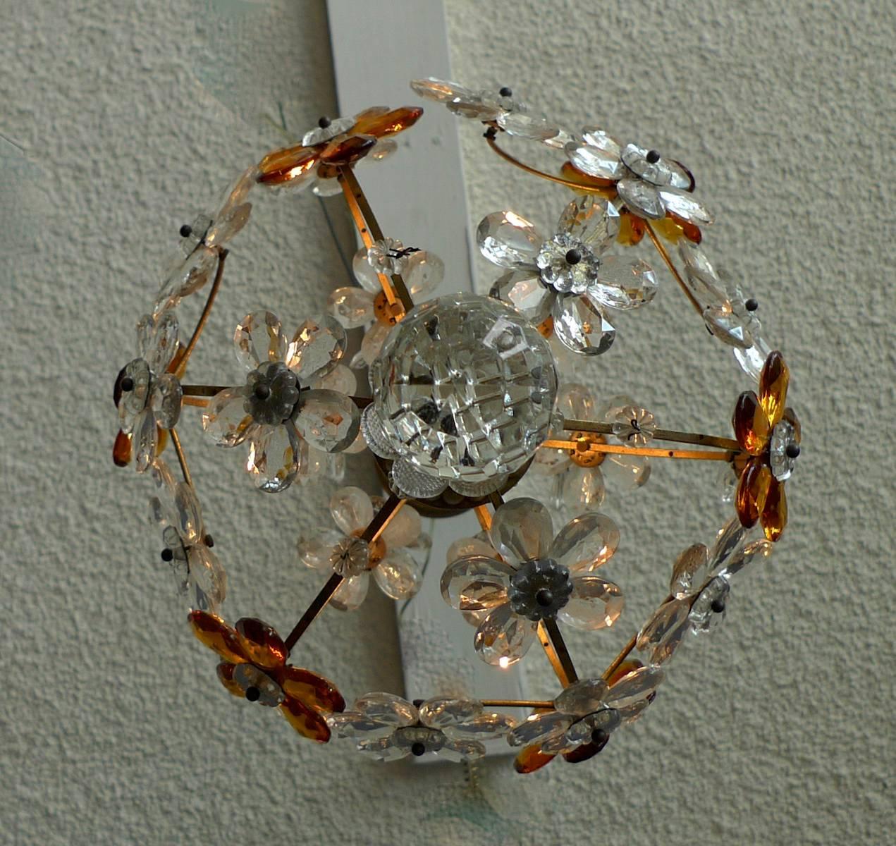 Italian 1940s Chandelier, Three Cluster Light with Amber and Clear Glass Flowers 1